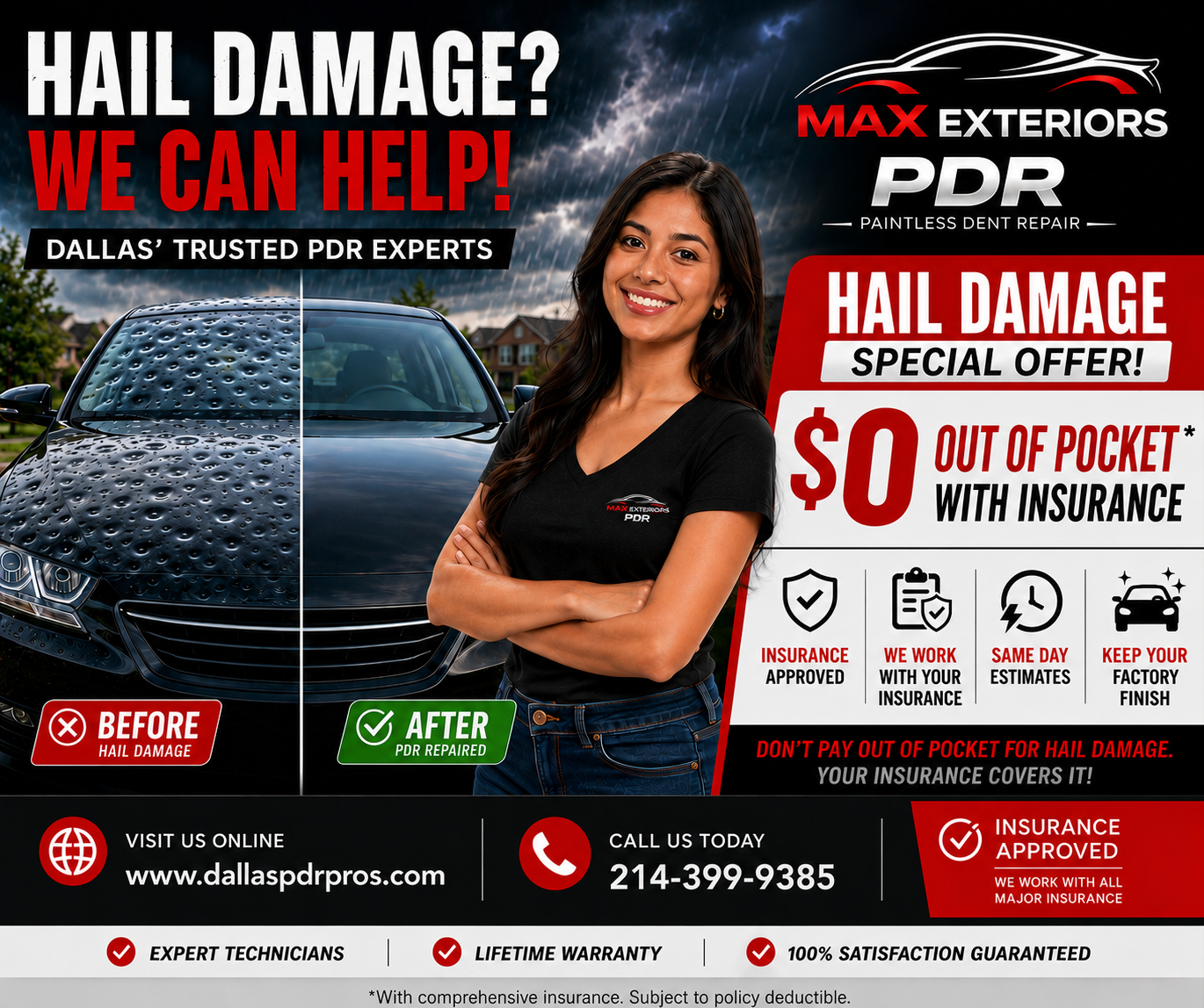 Max Exteriors DFW Paintless Dent Repair Facebook ad: Free Dent & Hail Damage Inspection