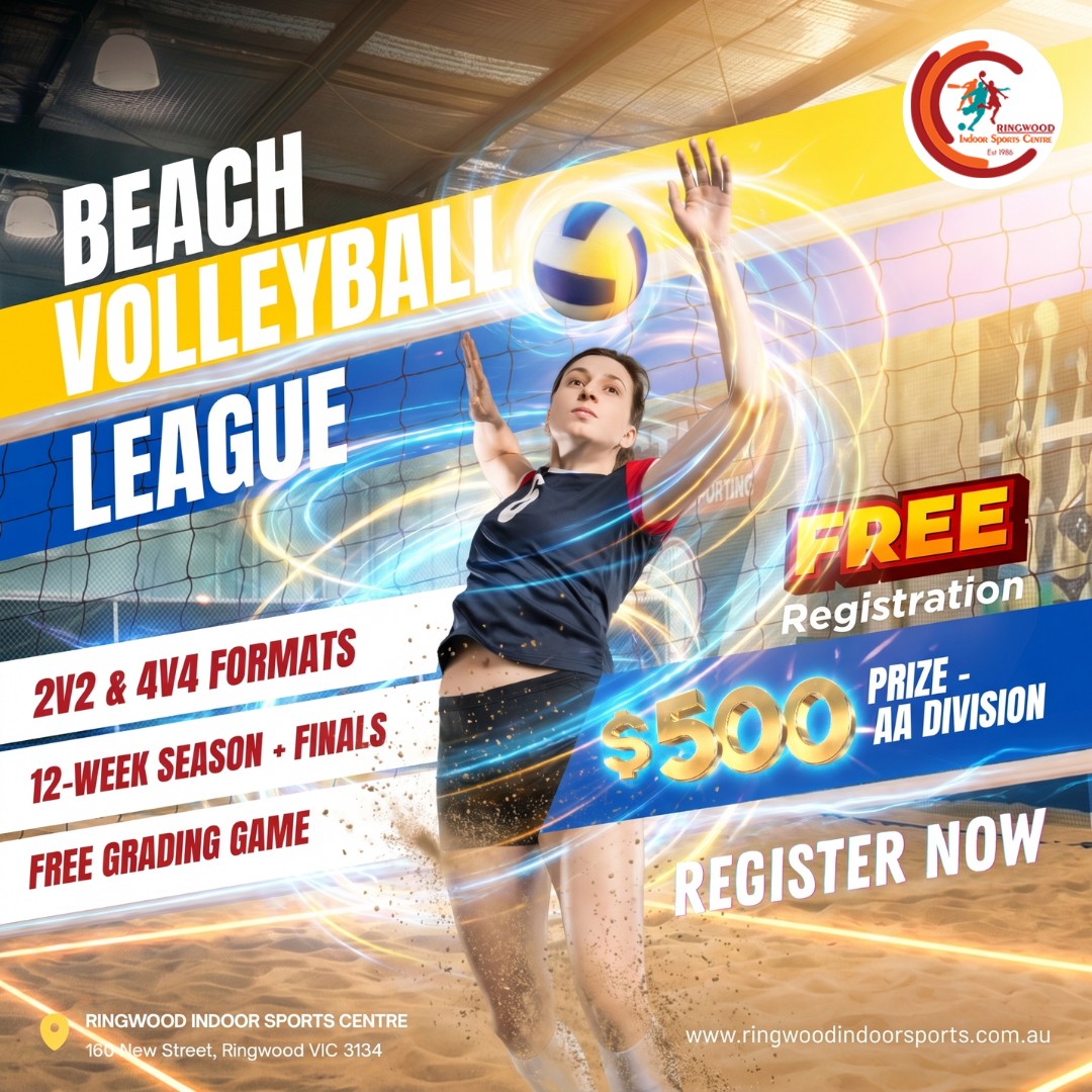 Ringwood Indoor Sports Facebook ad: Win $500 Playing Beach Volleyball