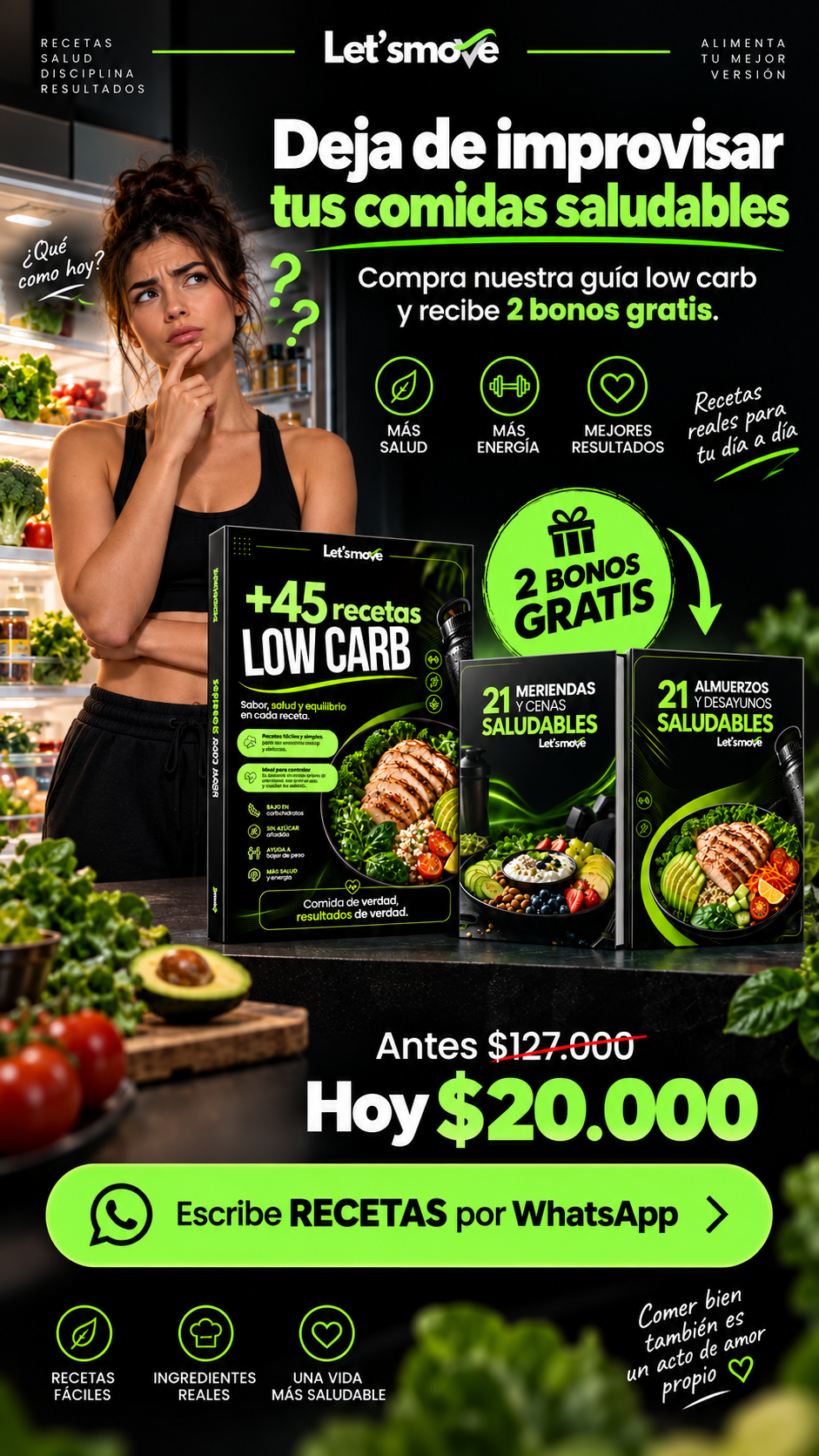 Letsmove Facebook ad: +45 Recetas Low Carb + 2 Bonos Gratis