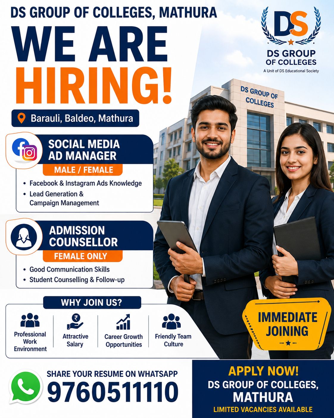 DS Group of College Mathura Facebook ad: Mathura Job Vacancy, Immediate Joining