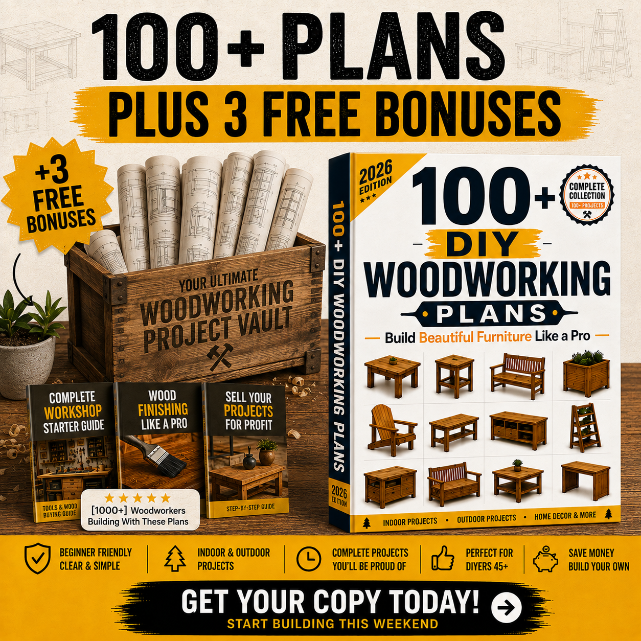 Diy Plans Vault Facebook ad: 100+ Plans. One Incredible Bundle.
