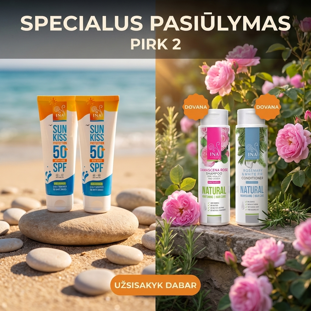 Šeimos Organinė Kosmetika - InaEssentials.lt Facebook ad: Pirk 2 apsaugines priemones, gauk 2 dovanas