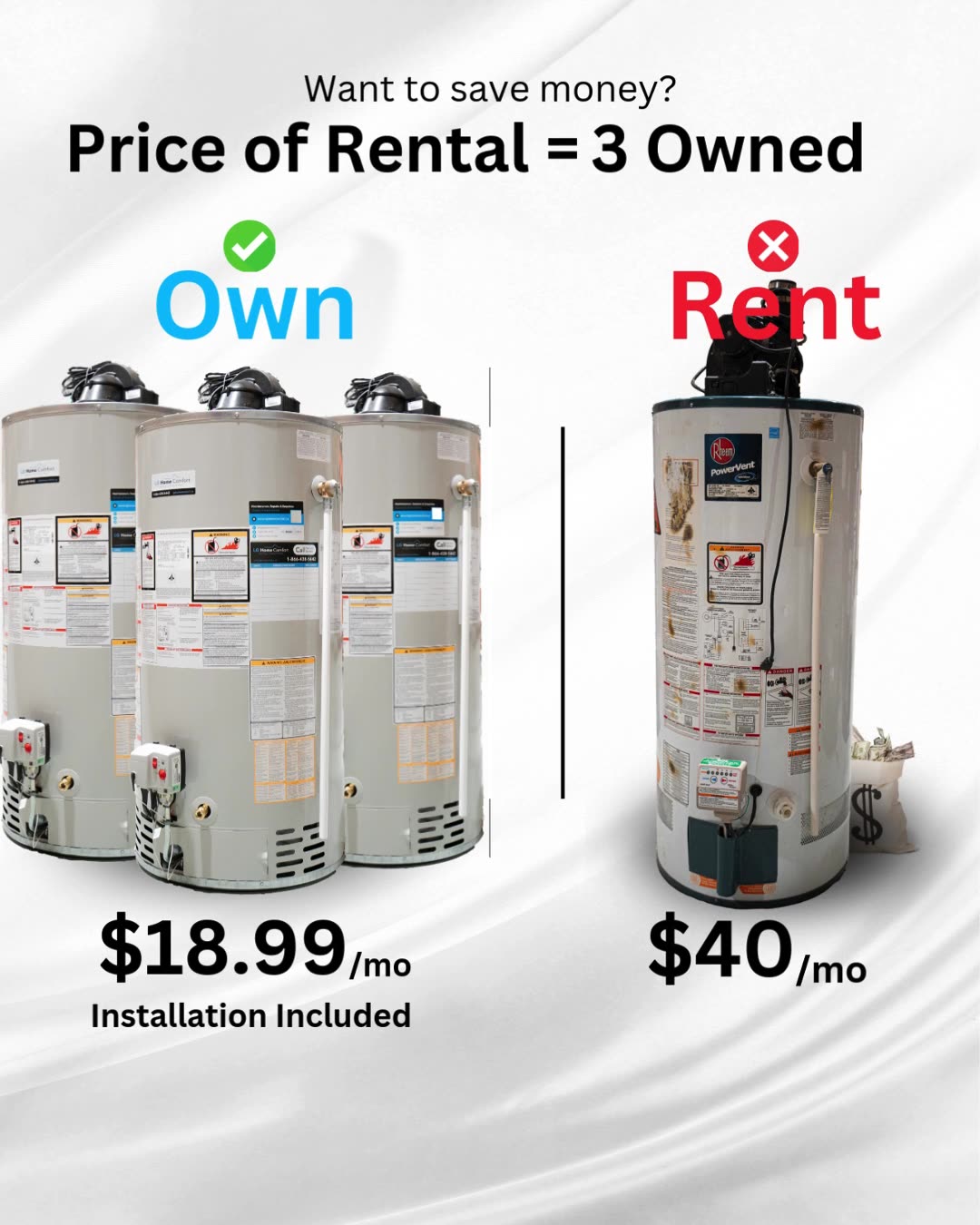 LG Home Comfort Facebook ad: Own your water heater at $18.99/month - No Rental No Lease…
