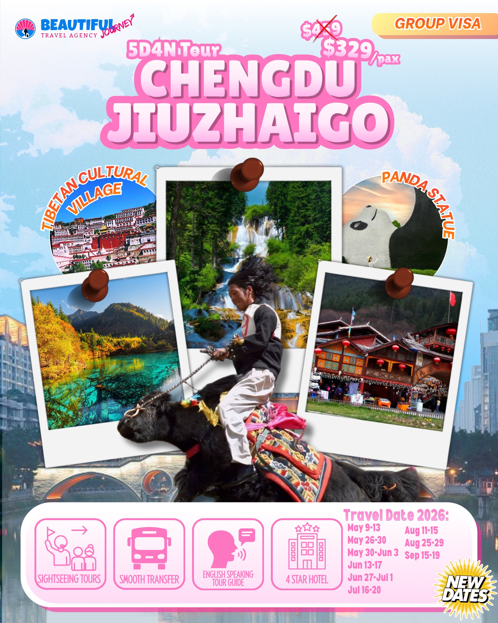 Beautiful Journey Travel Agency Facebook ad: 𝐂𝐇𝐄𝐍𝐆𝐃𝐔 & 𝐉𝐈𝐔𝐙𝐇𝐀𝐈𝐆𝐎𝐔 𝟓𝐃𝟒𝐍…