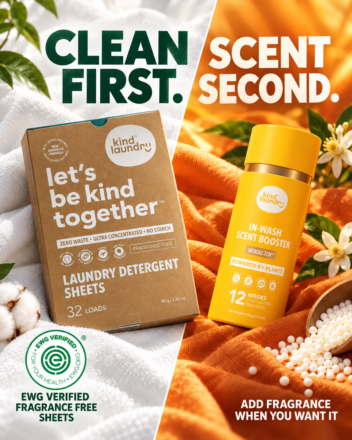 Kind Laundry Facebook ad: EWG Verified Sheets for the Clean, Neroli Zen for the Scent