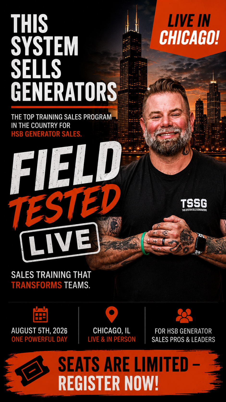 TSSG Facebook ad: Field Tested Live. Chicago. August 5th.