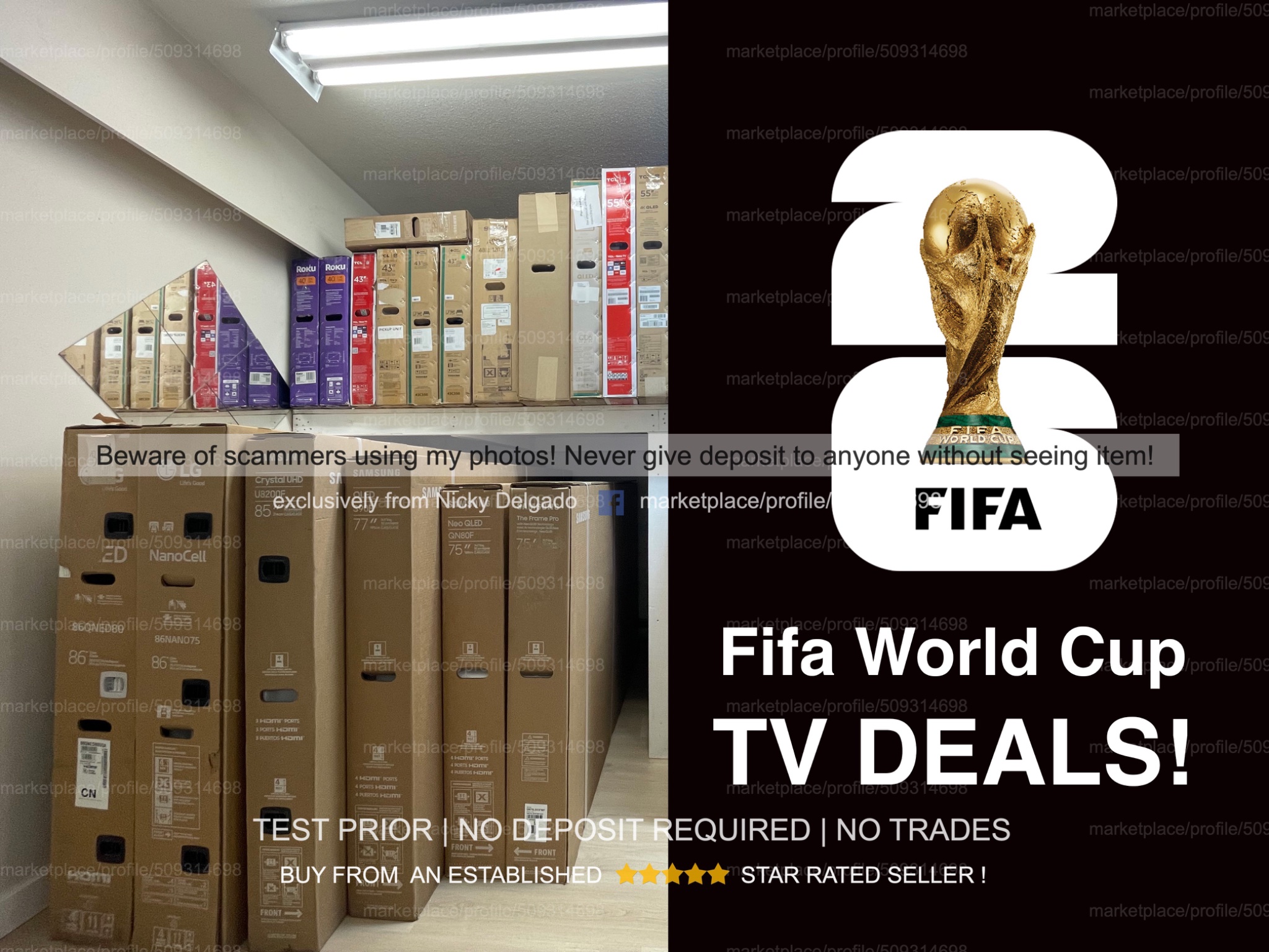 Nicky Delgado Facebook ad: 4K Smart TV Liquidation Sale, Samsung OLED/QLED/Frame, LG…