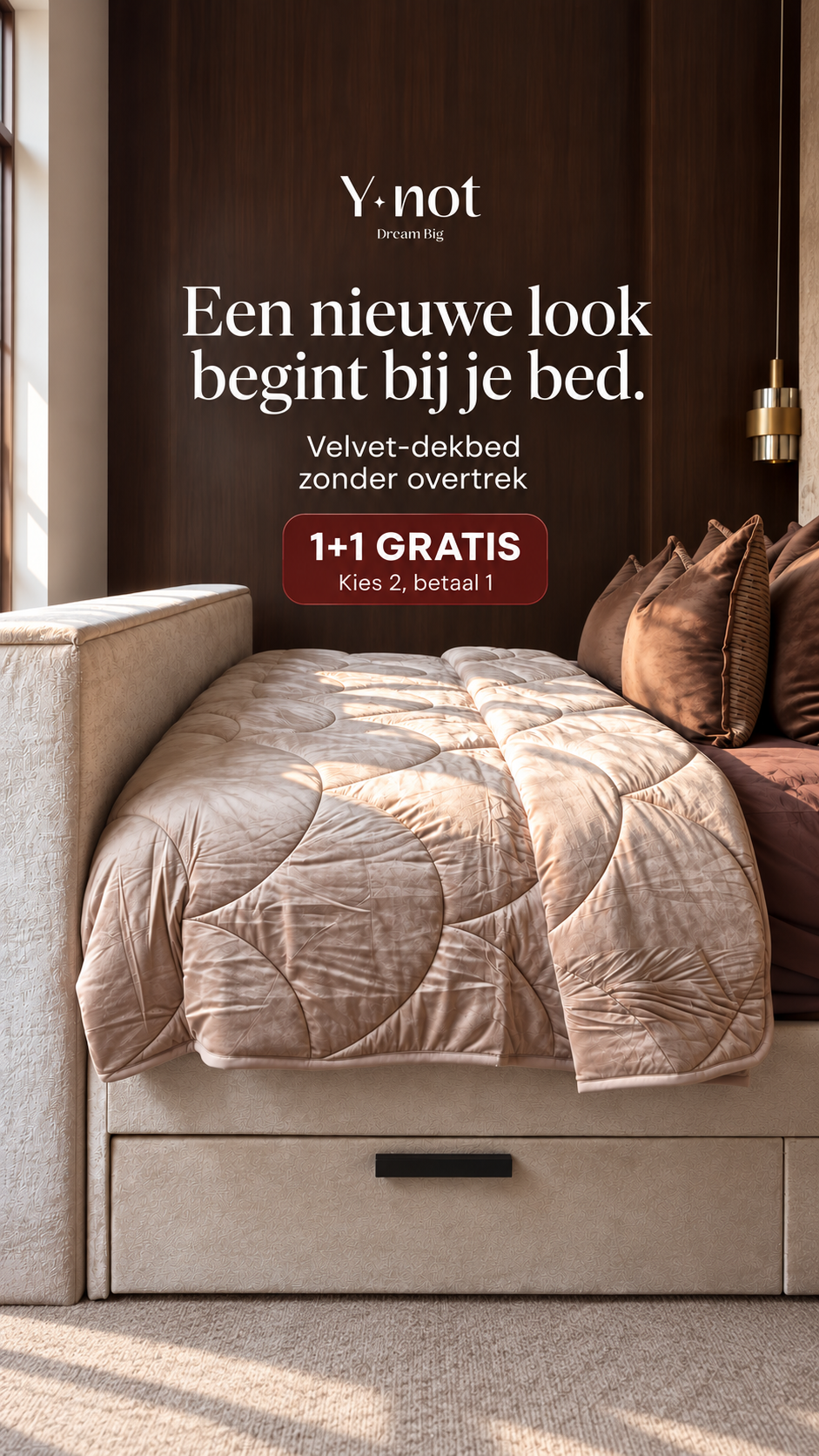 Ynot-dreambig Facebook ad: Jouw slaapkamer in velvet. Nu 1+1 GRATIS.