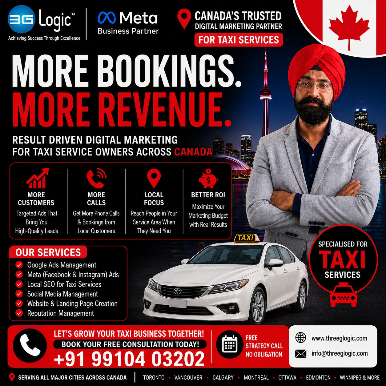 Three G Logic Infotech Pvt. Ltd Facebook ad: Get More Taxi Bookings Across Canada
