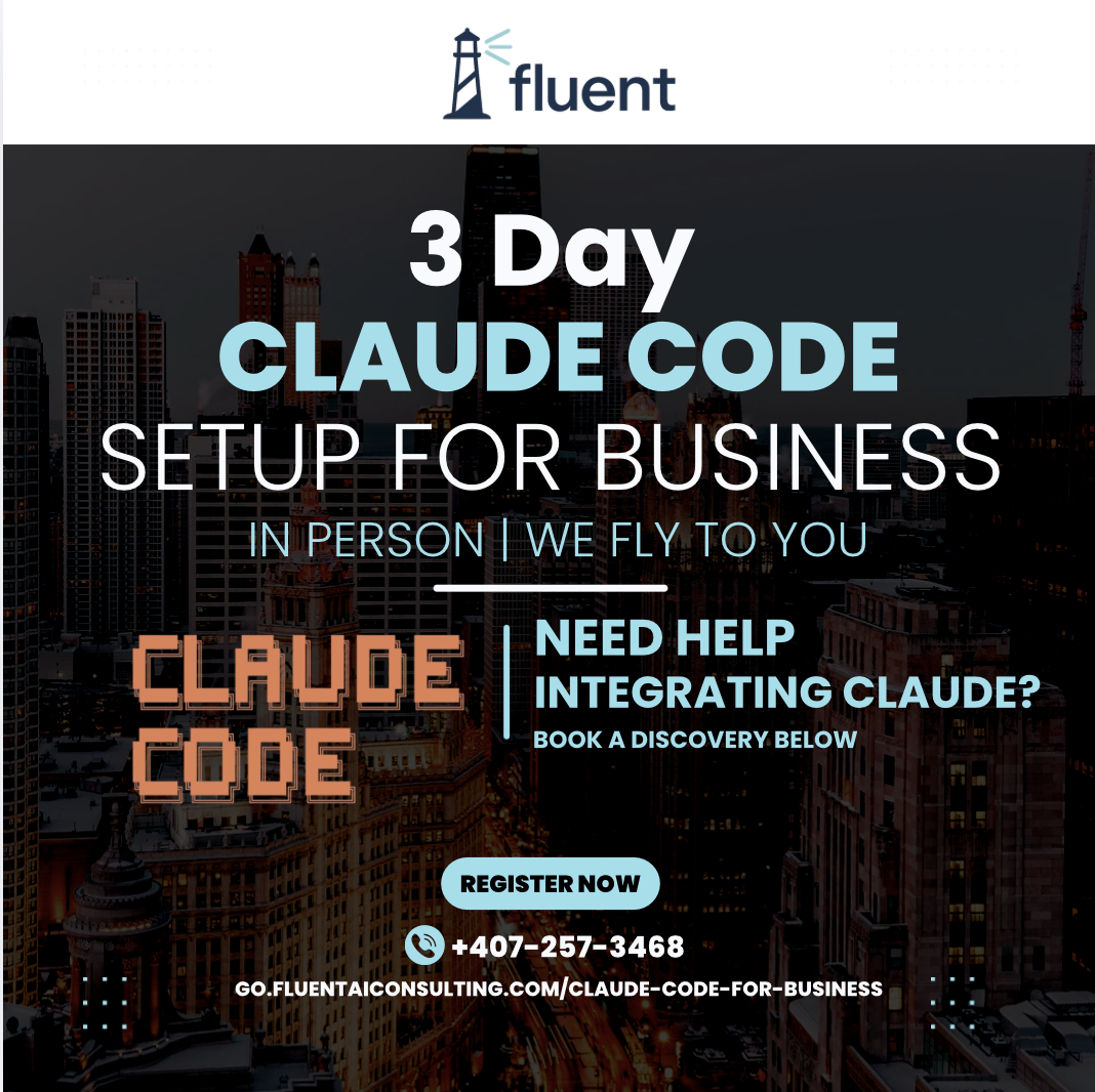 Fluent AI Consulting Facebook ad: We fly to you. 3-day setup.