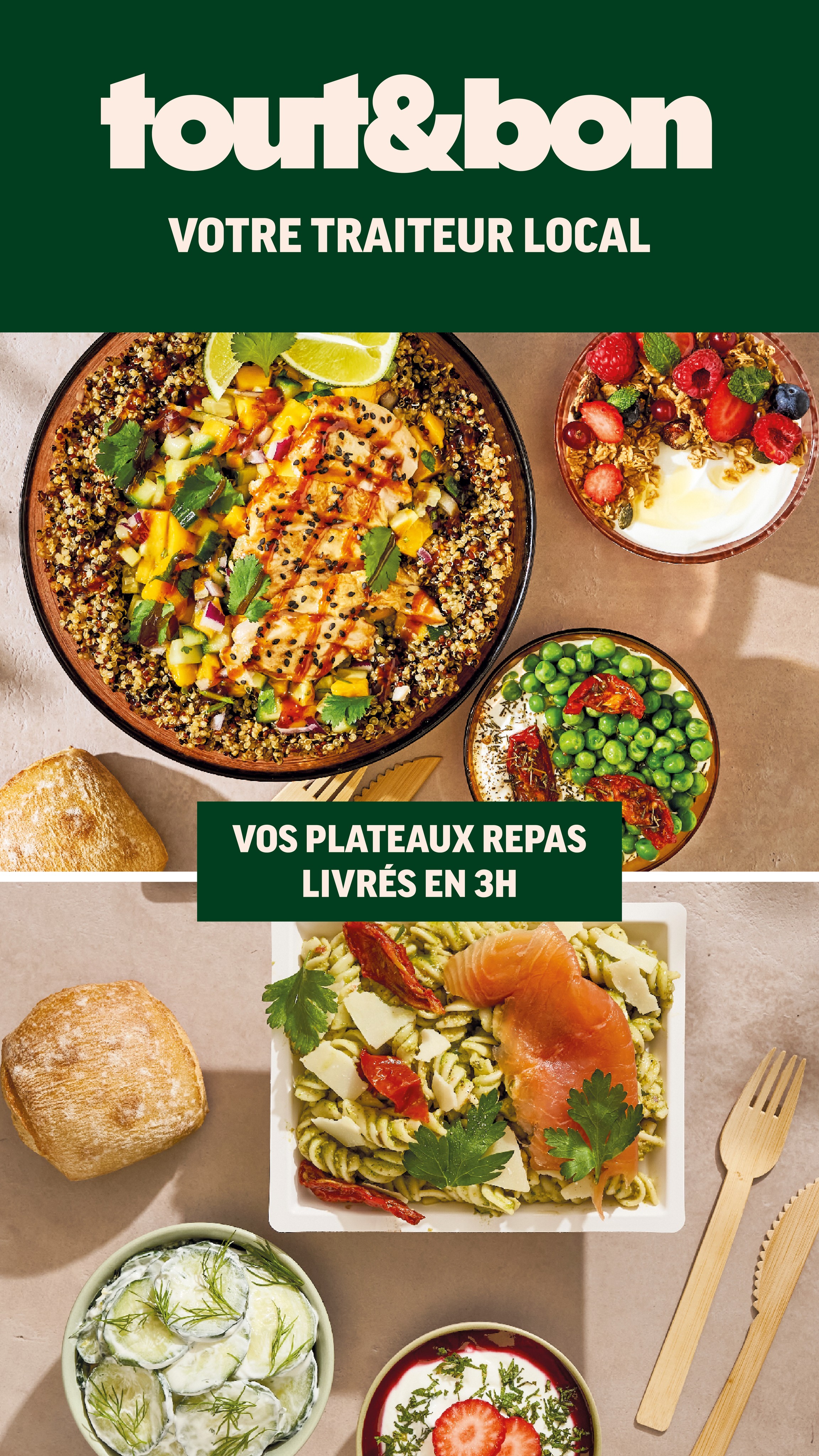 Tout&Bon Facebook ad: Plateaux‑repas livrés en entreprise en moins de 3H