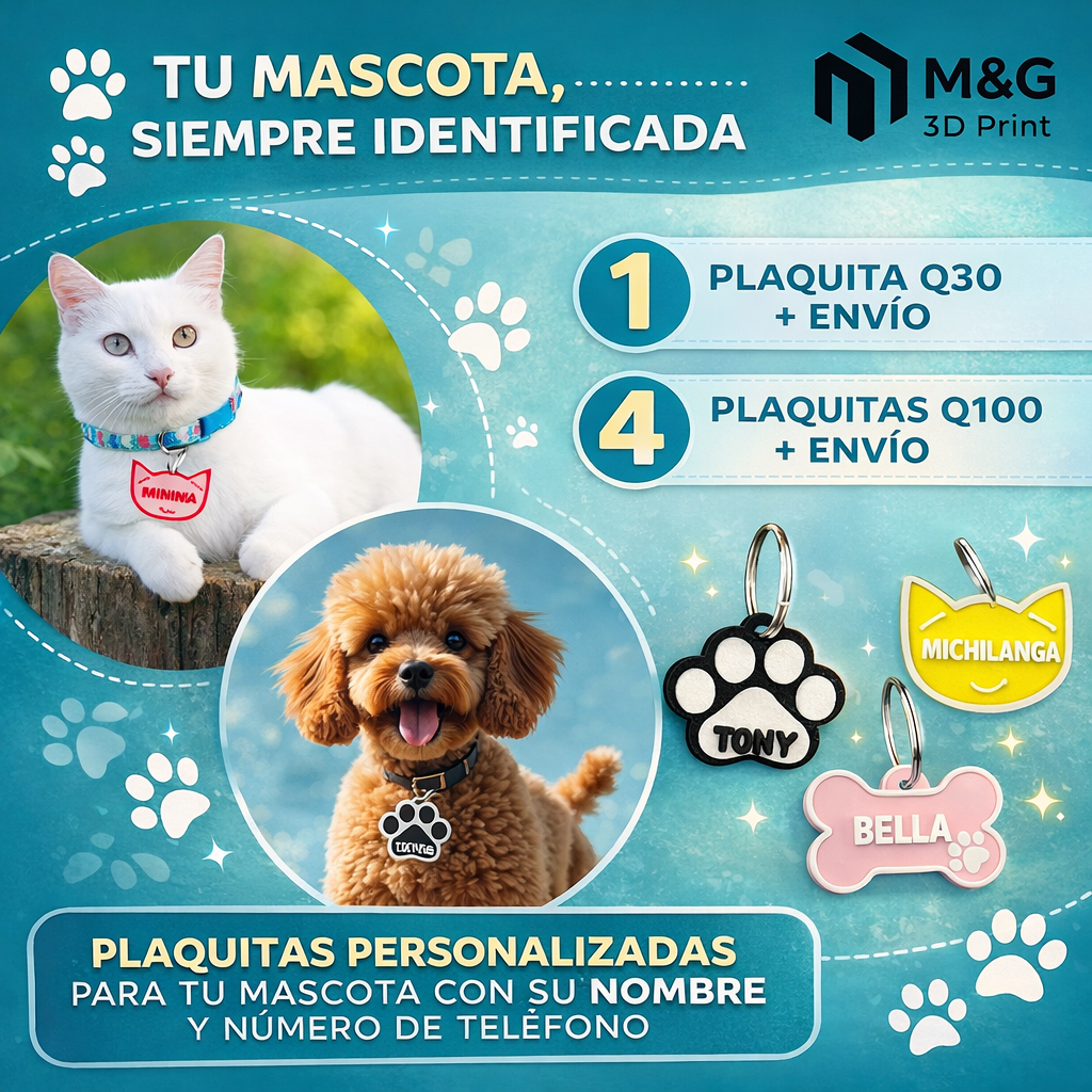 M&G 3D Print Facebook ad: Plaquita Personalizada. Q30 | Combo de 4 por Q100