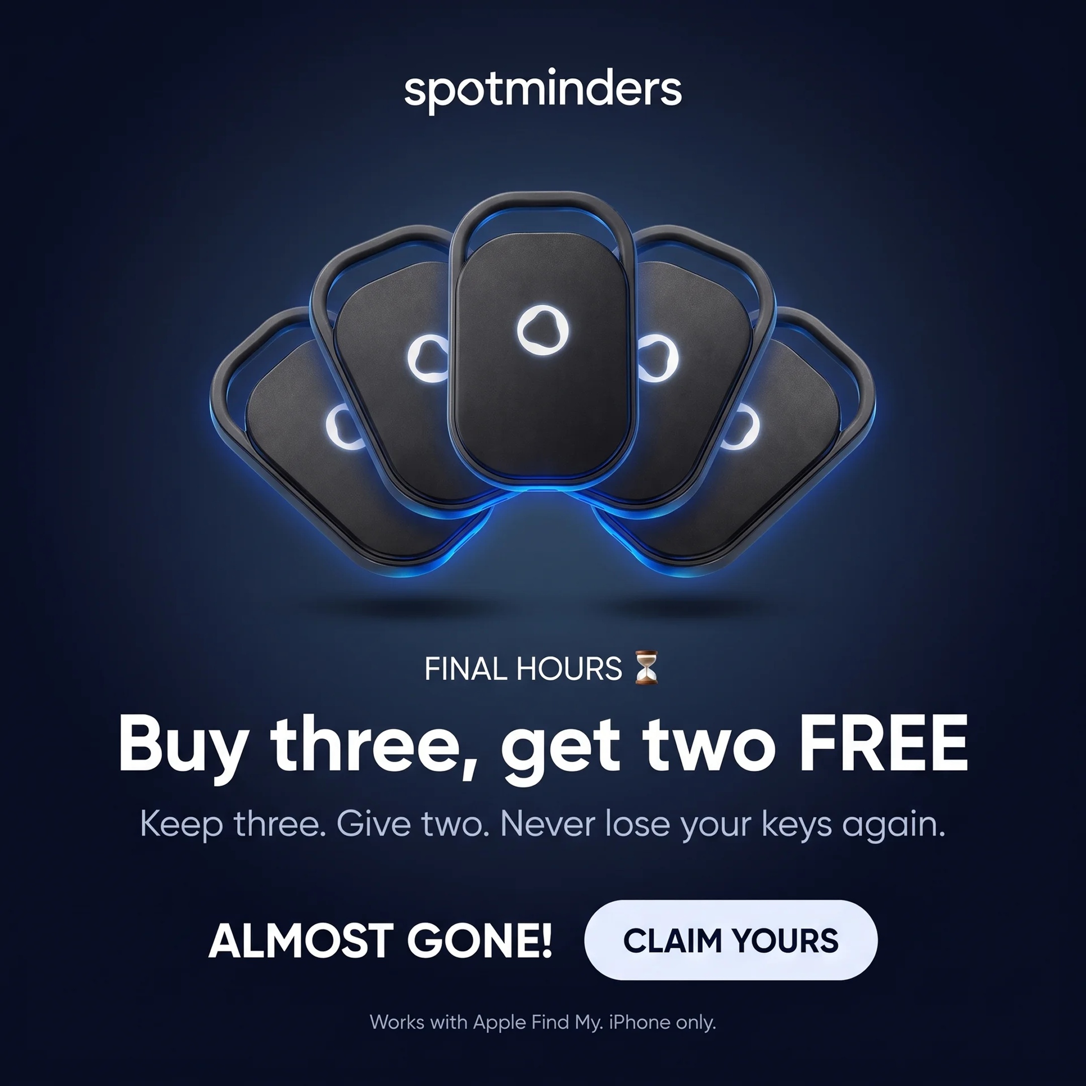 Spotminders Facebook ad: Always Losing Your Keys? Find Them In Seconds.