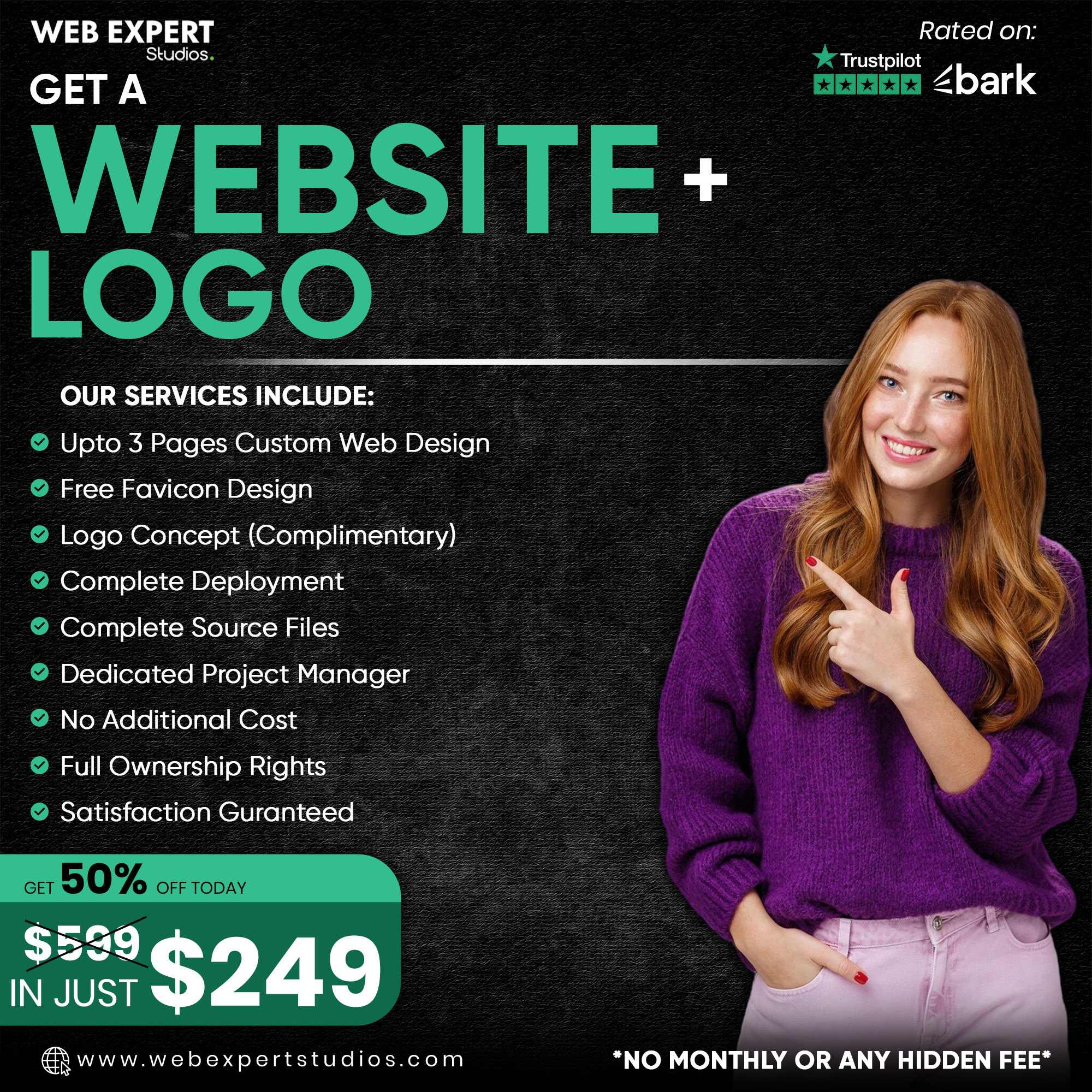 Web Expert Studios Facebook ad: Website + Logo for Just $249, No Hidden Fees