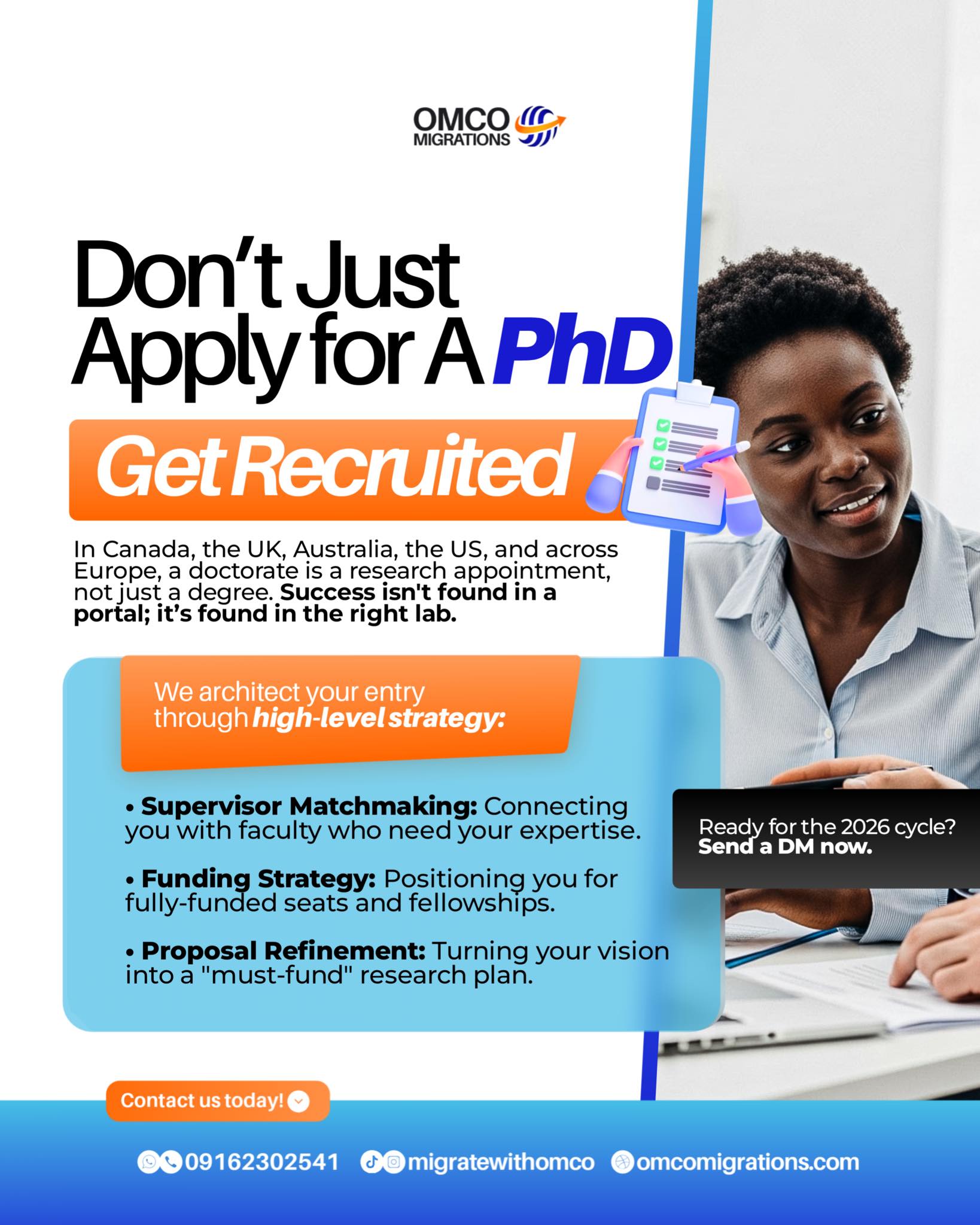 migratewithomco Facebook ad: A PhD is a research appointment, not a…