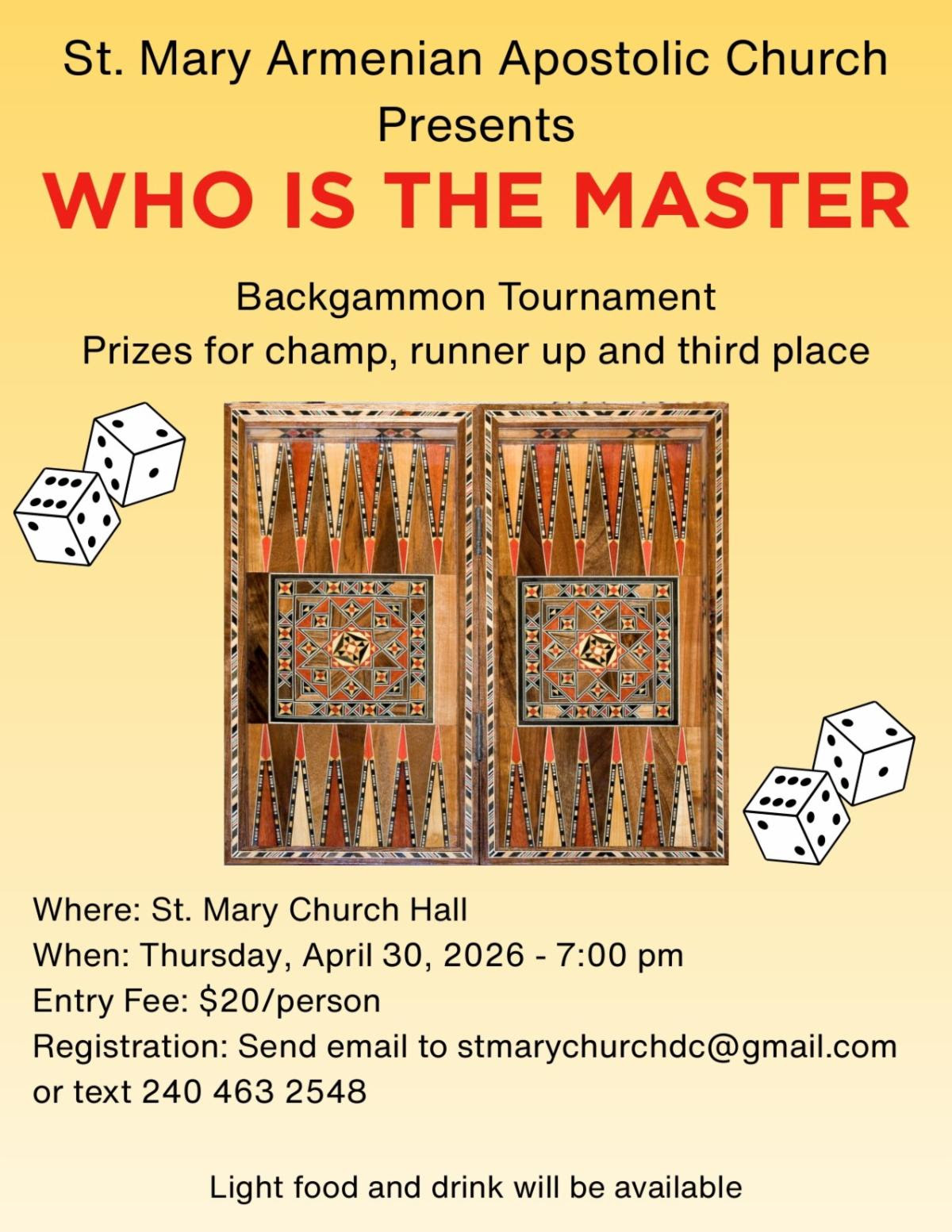 St Mary Armenian Apostolic Church Facebook ad: Backgammon & Chess Tournament 2026!