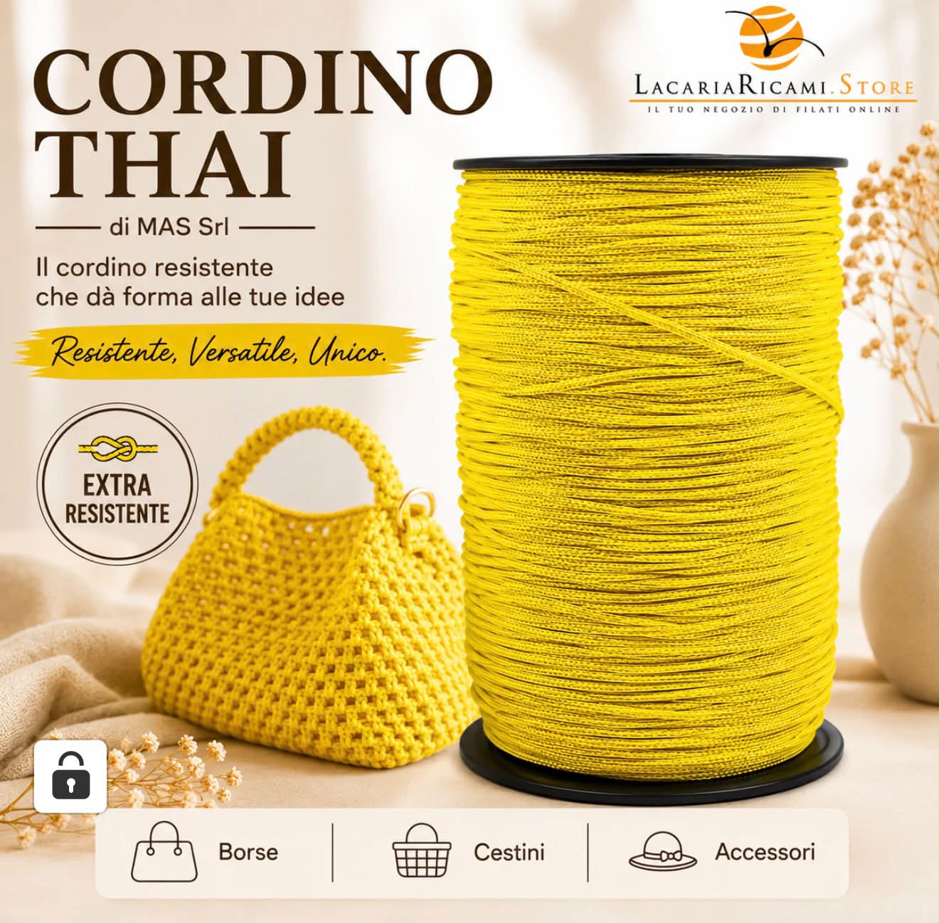 LacariaRicami.Store Facebook ad: Il cordino thai un filato in 100% polipropilene
