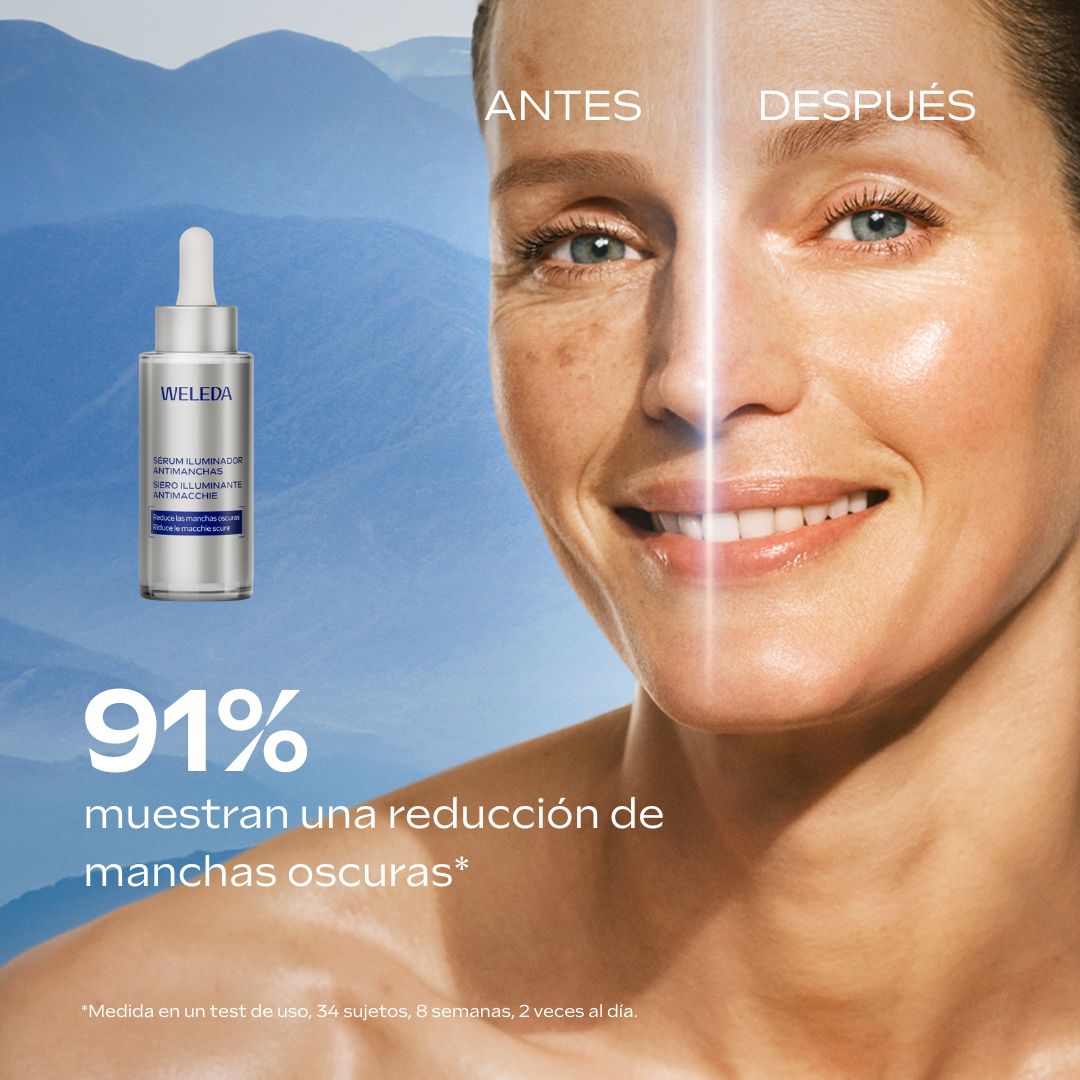 Weleda Facebook ad: Menos manchas - Más colágeno