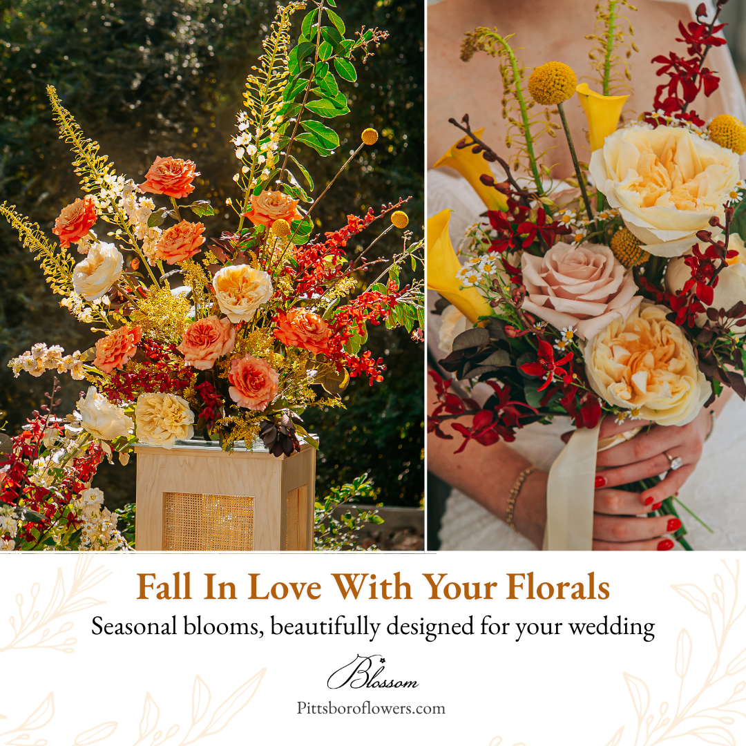 Blossom Artistry Facebook ad: Fall weddings are made for rich color, layered…