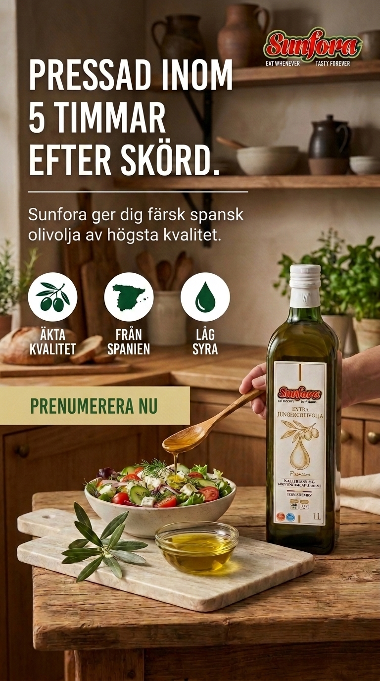 Sunfora Facebook ad: Äkta Spansk Extra Virgin Olivolja