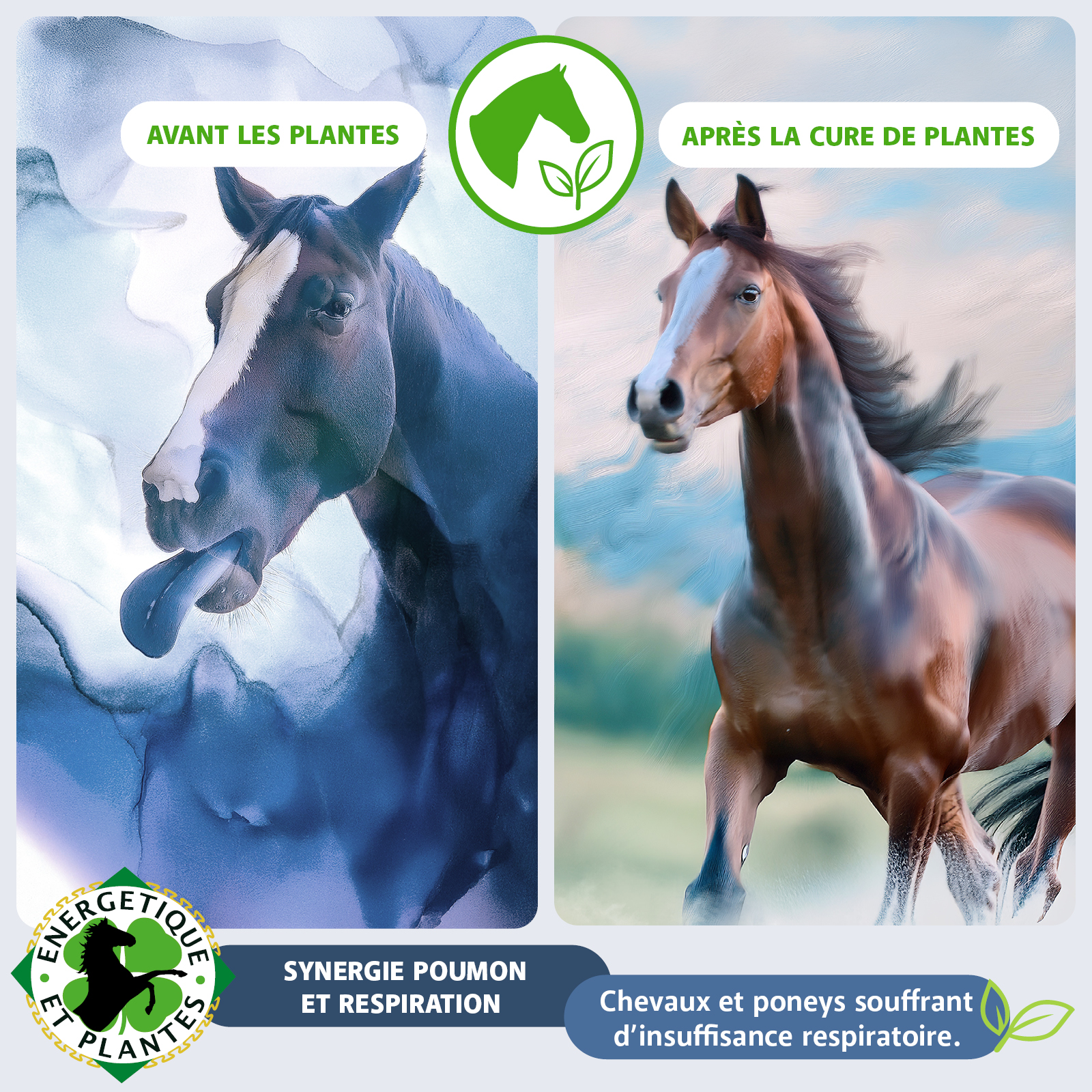 Energétique & Plantes Facebook ad: Phytothérapie équine pour le bien-être de vos chevaux.