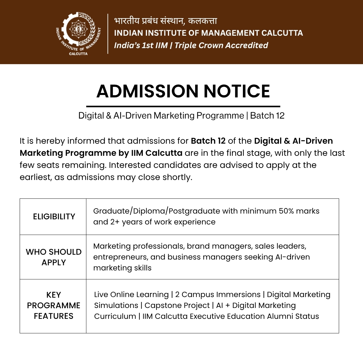 IIM Calcutta - Digital and AI-Driven Marketing Programme Facebook ad: AI-Powered Marketing Program