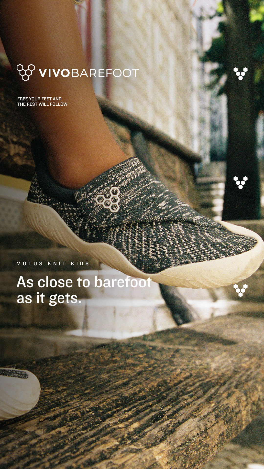 Vivobarefoot Facebook ad: Building stronger feet, step by barefoot step