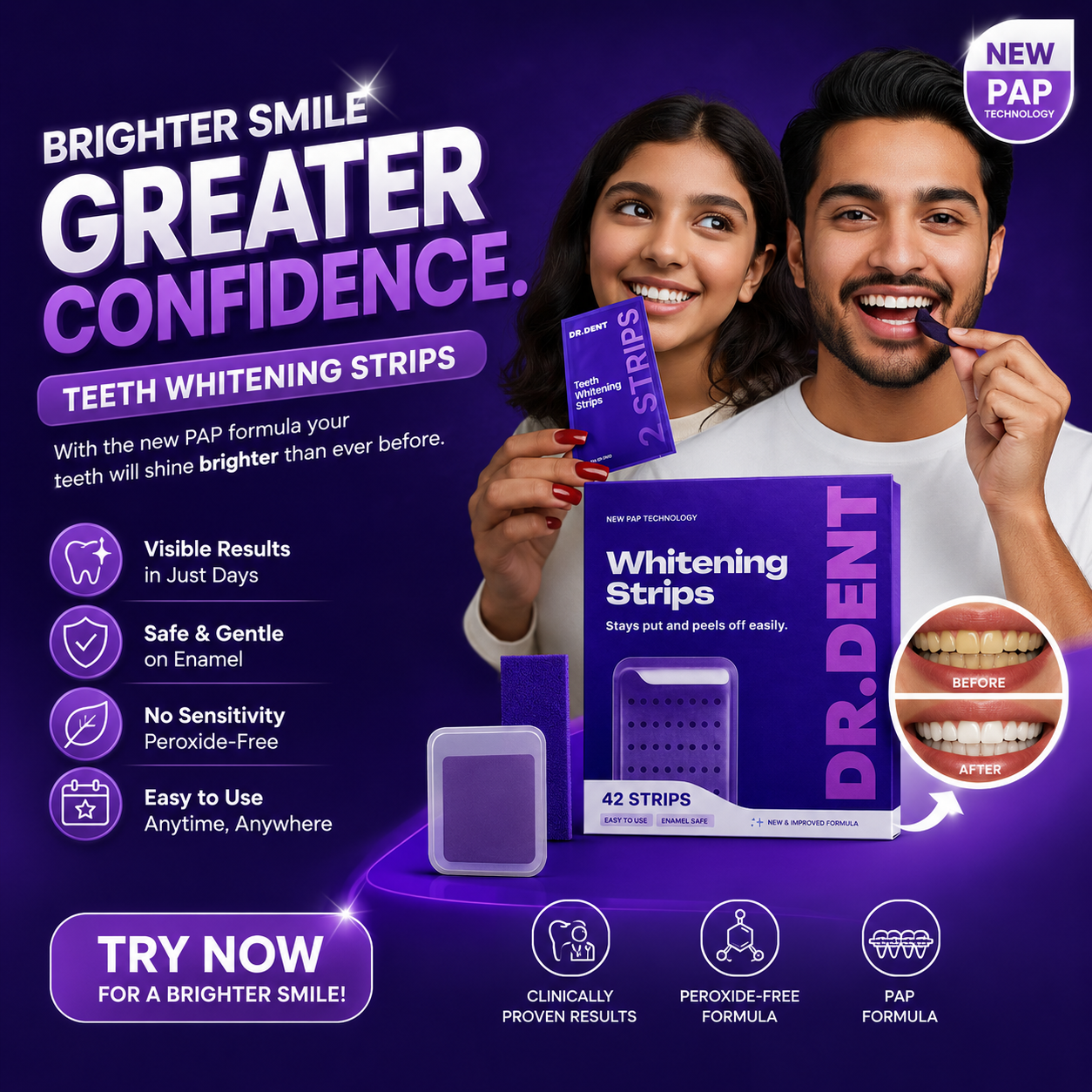 Gulf Mart Facebook ad: Dr Dent Instant Teeth Whitening Strips (V34, PAP+ Formula)