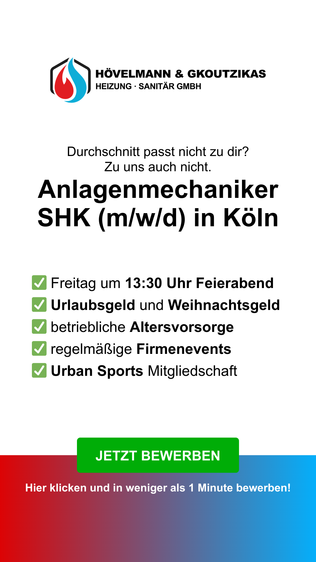 Hövelmann & Gkoutzikas Heizung • Sanitär GmbH Facebook ad: Anlagenmechaniker SHK in Köln gesucht (m/w/d)