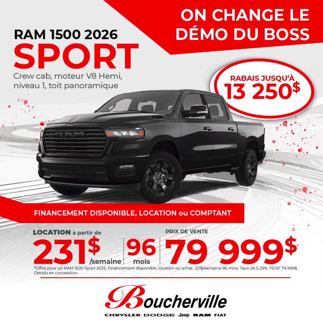 Boucherville Chrysler Dodge Jeep Ram Fiat Facebook ad: RAM 1500 Sport 2026