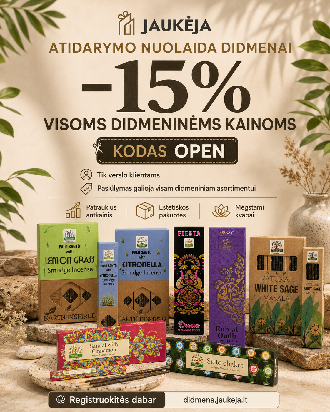 Jaukeja.lt Facebook ad: Atidarymo nuolaida didmenai: -15% su kodu OPEN.