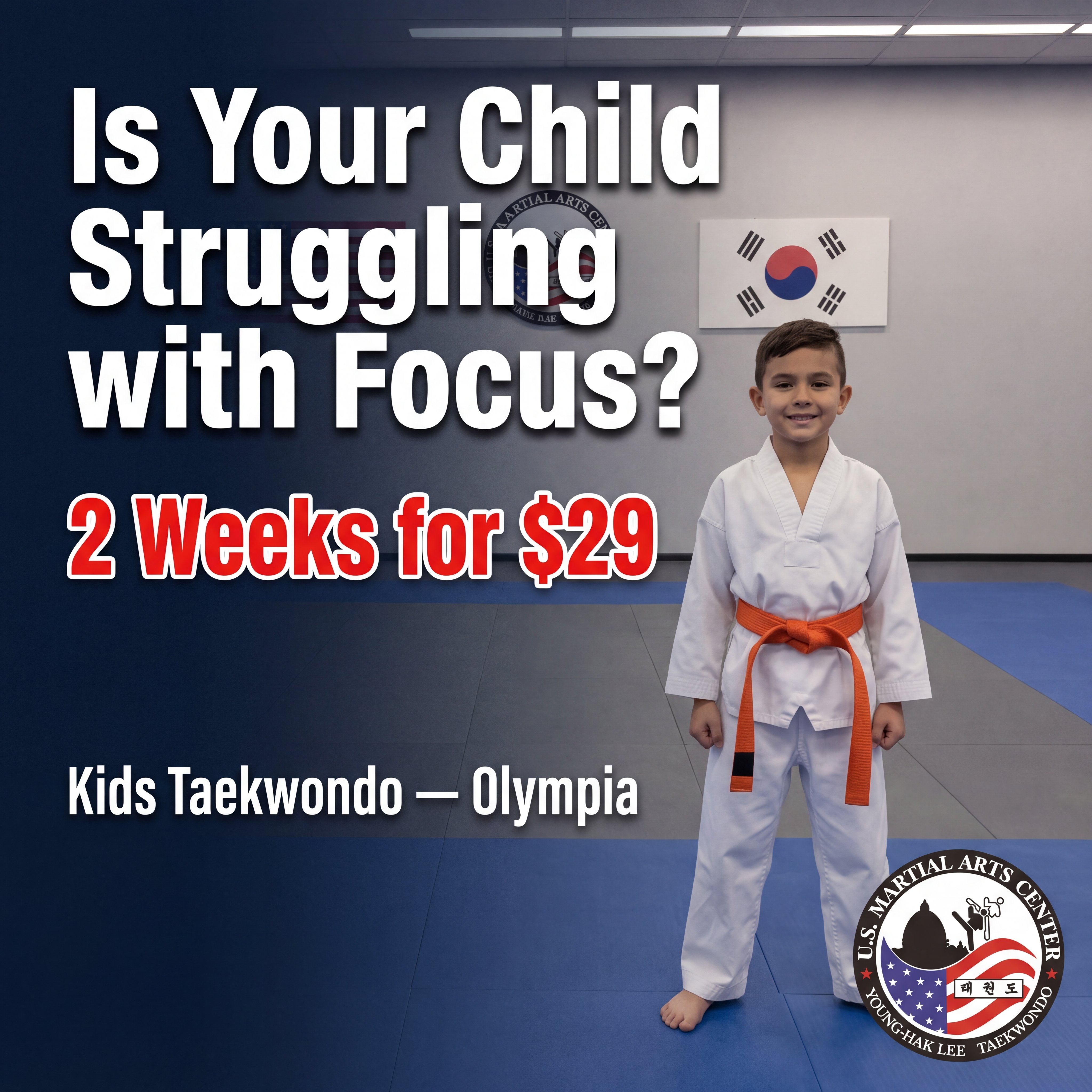 U.S. Martial Arts Center Facebook ad: Is Your Child Struggling with Focus?
