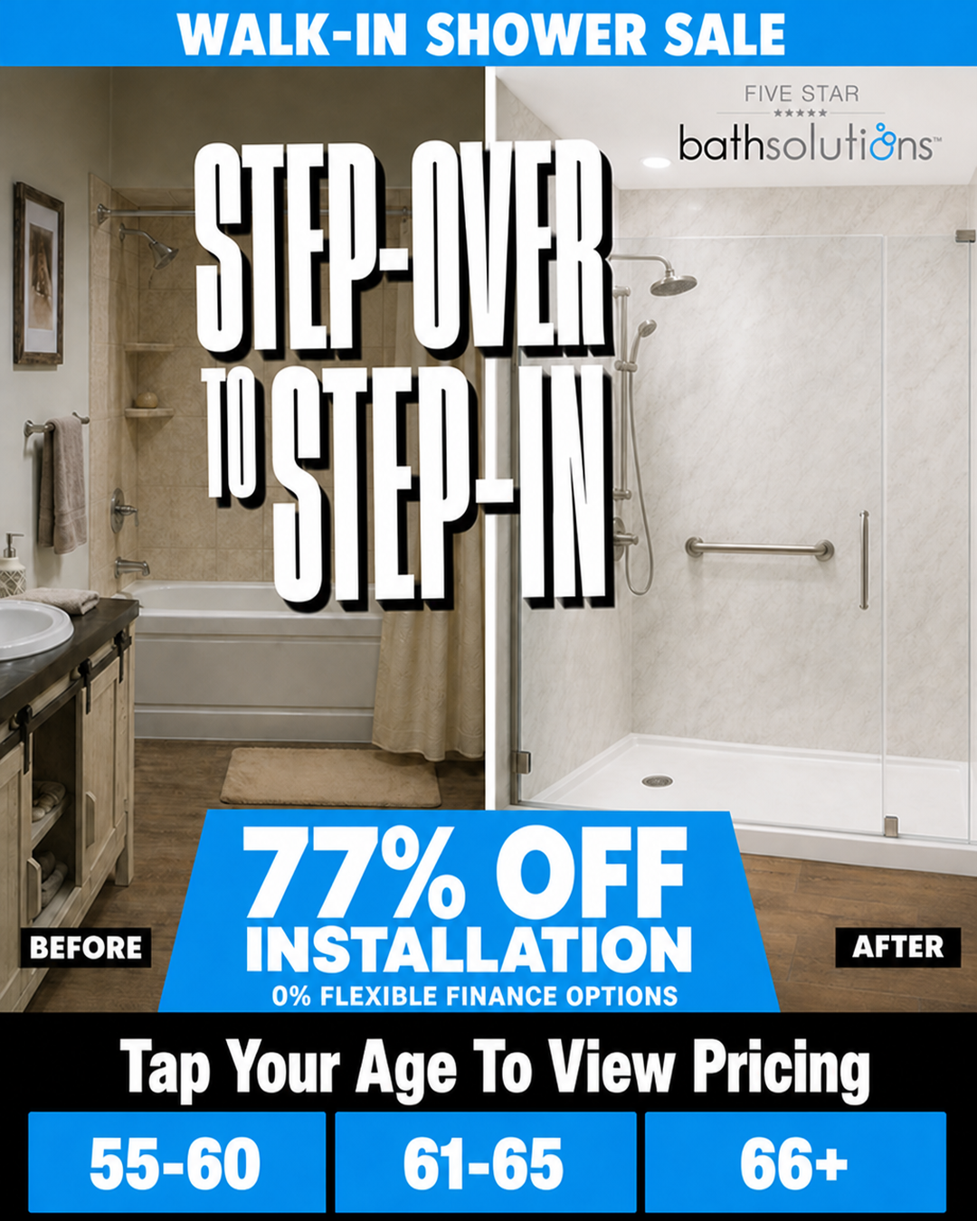 Five Star Bath Solutions Facebook ad: Seniors Save 77% On A New Bath Installation