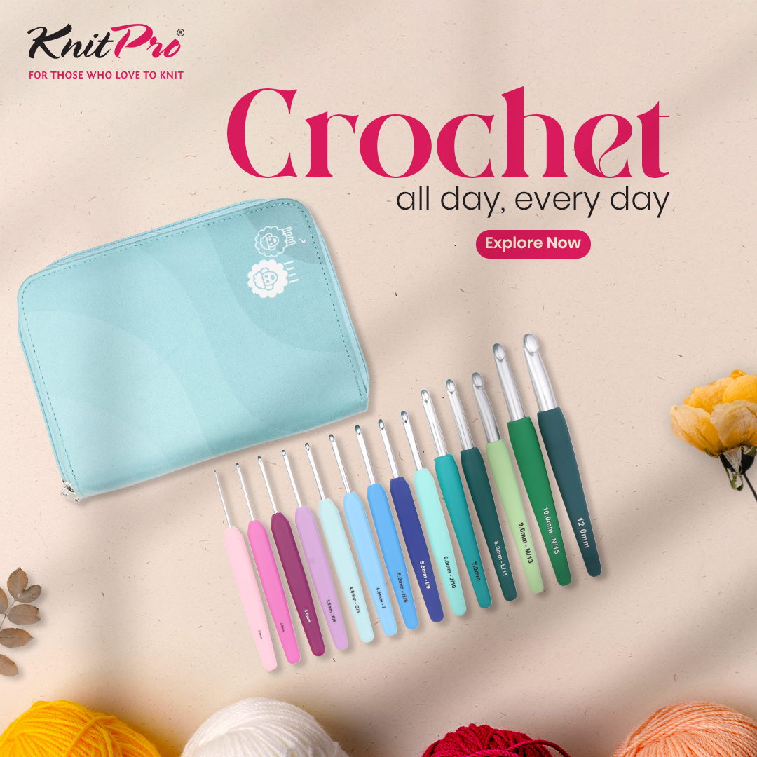 KnitPro Facebook ad: Waves 2.0 ergonomic crochet hooks with color-coded handles.