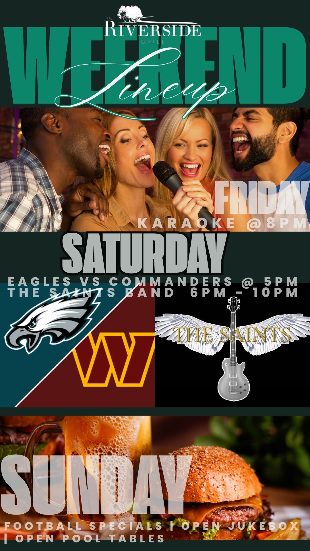 The Riverside Grill Facebook ad: THIS WEEKEND AT RIVERSIDE = NONSTOP FUN!