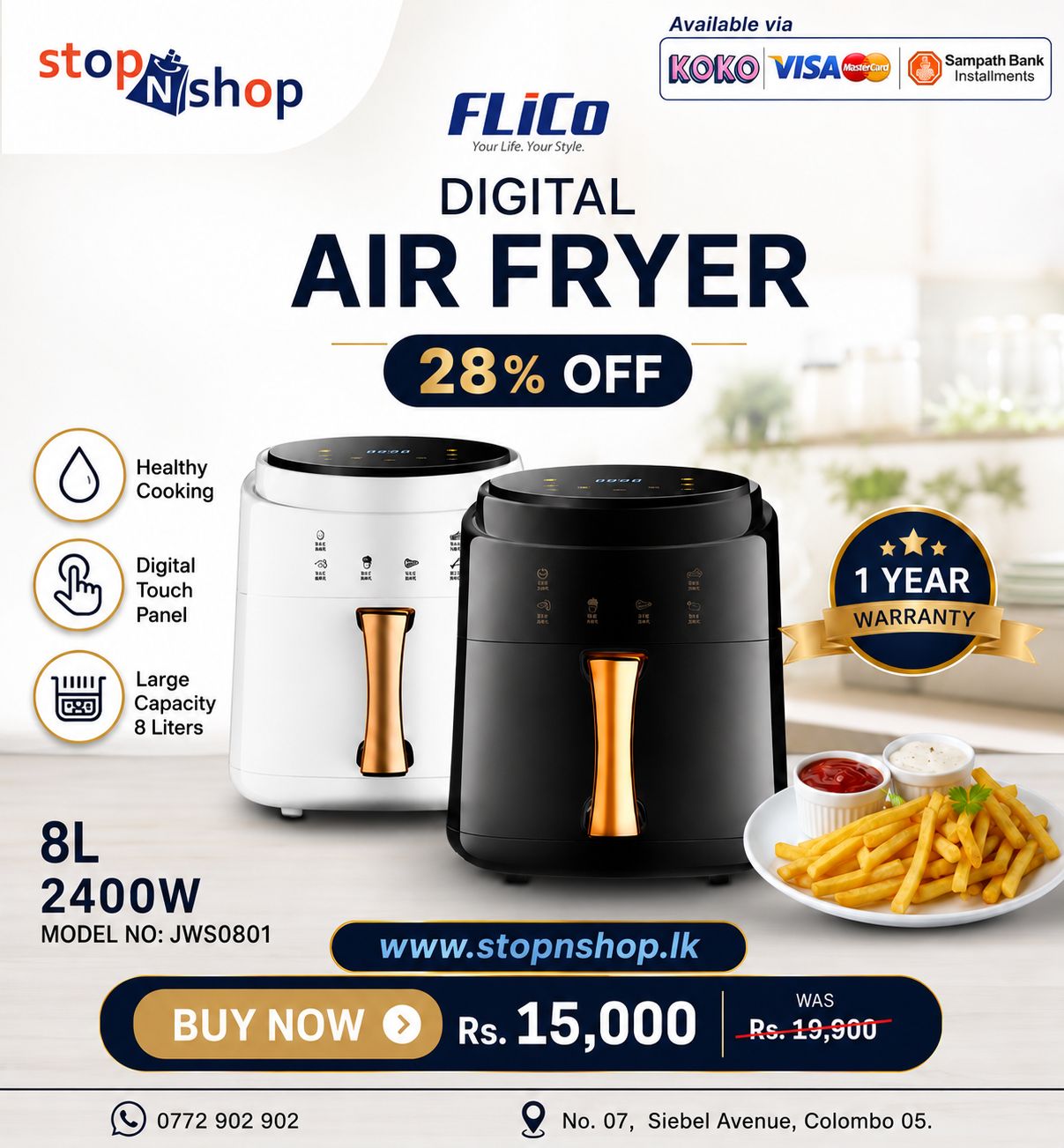 StopnShop.lk Facebook ad: FLICO Digital Air Fryer 8L 2400W - JWS0801, Powerful &…