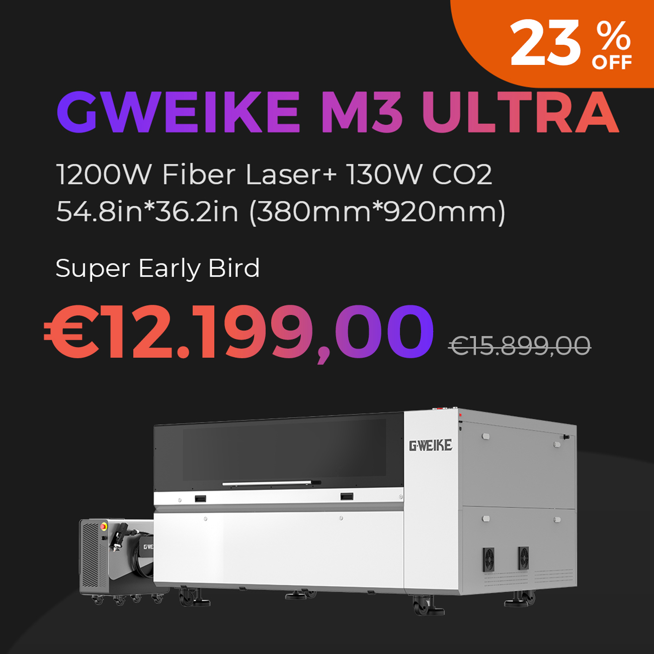 Gweike laser Facebook ad: GWEIKE M‑Series: All‑in‑One Laser Powerhouse for Cutting…