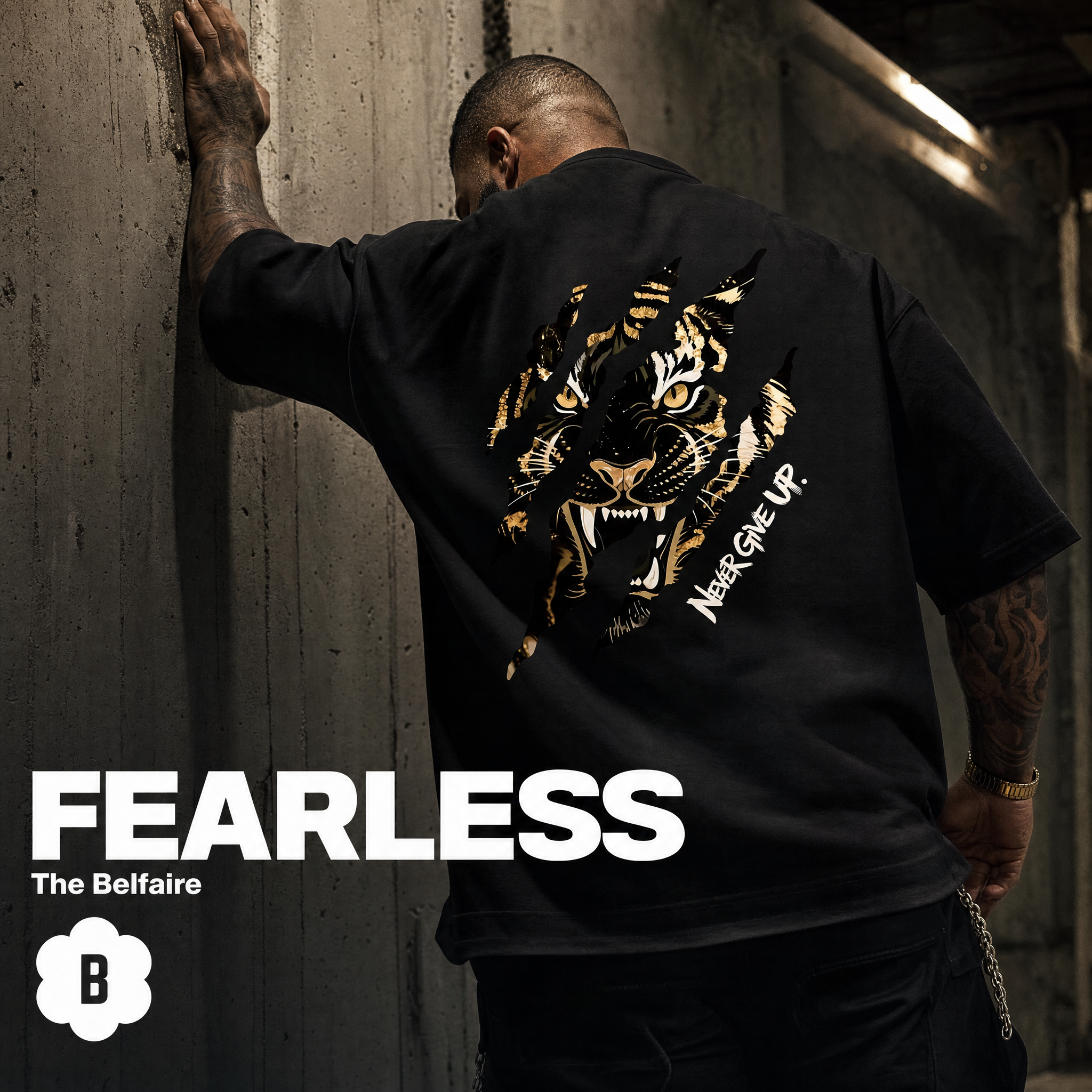 The Belfaire Facebook ad: Never Give Up Oversized Tee