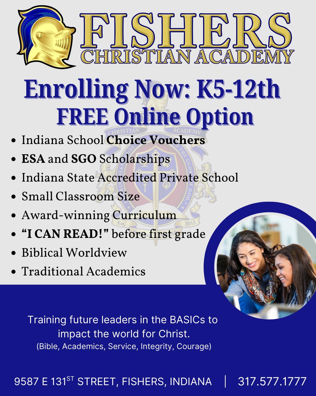 Fishers Christian Academy Facebook ad from May 22, 2026