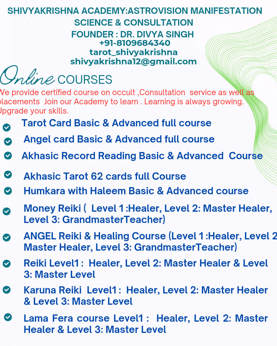 Divya Tarot Reader & Healer Facebook ad: Courses offered by our Academy.