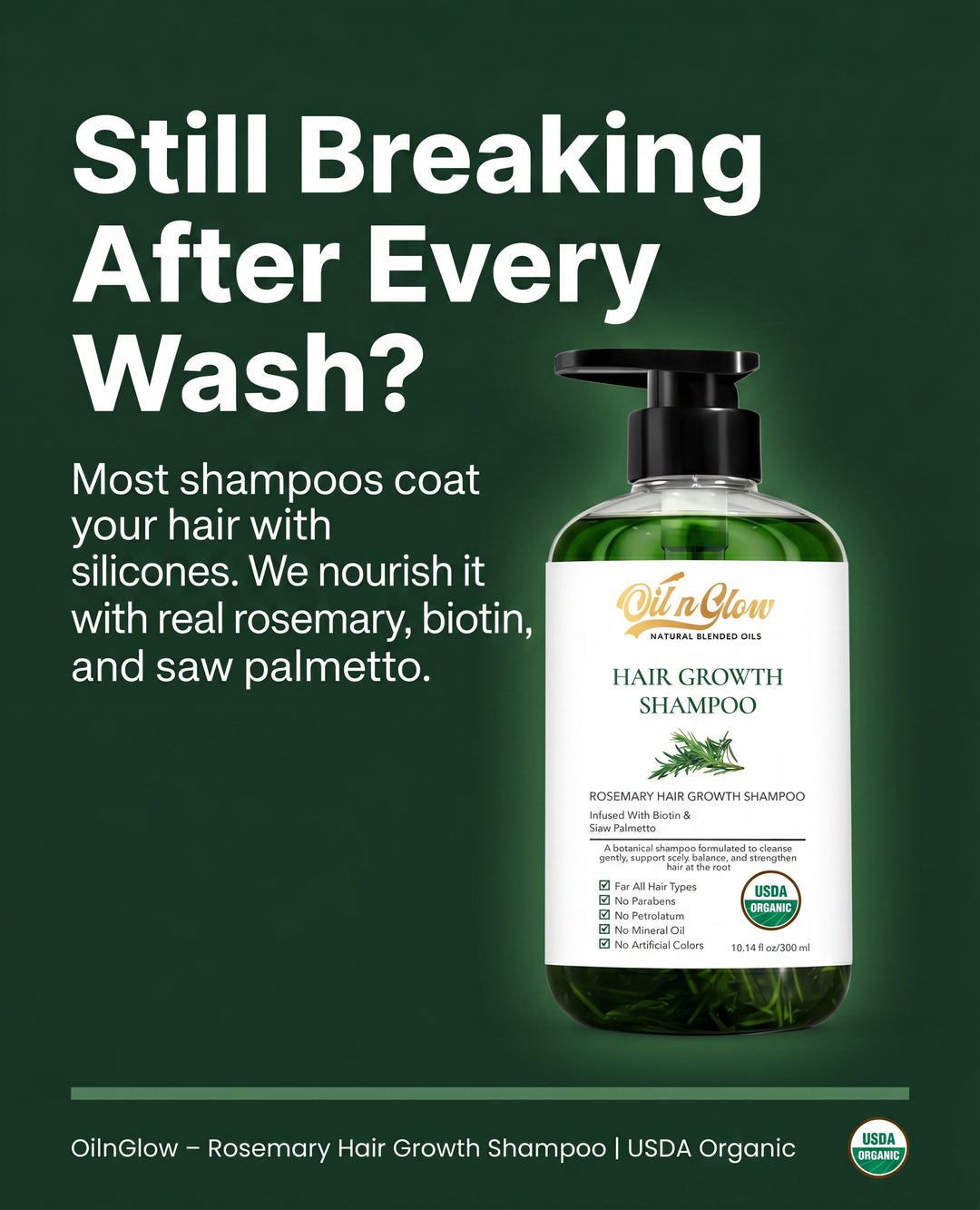 OilnGlow Facebook ad: Real botanicals. Not silicone smoke and mirrors.