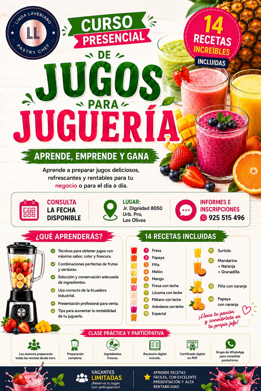 Chef Linda Laveriano -Pastelería D'Liin Facebook ad: CURSO PRESENCIAL DE JUGOS PARA JUGUERÍA