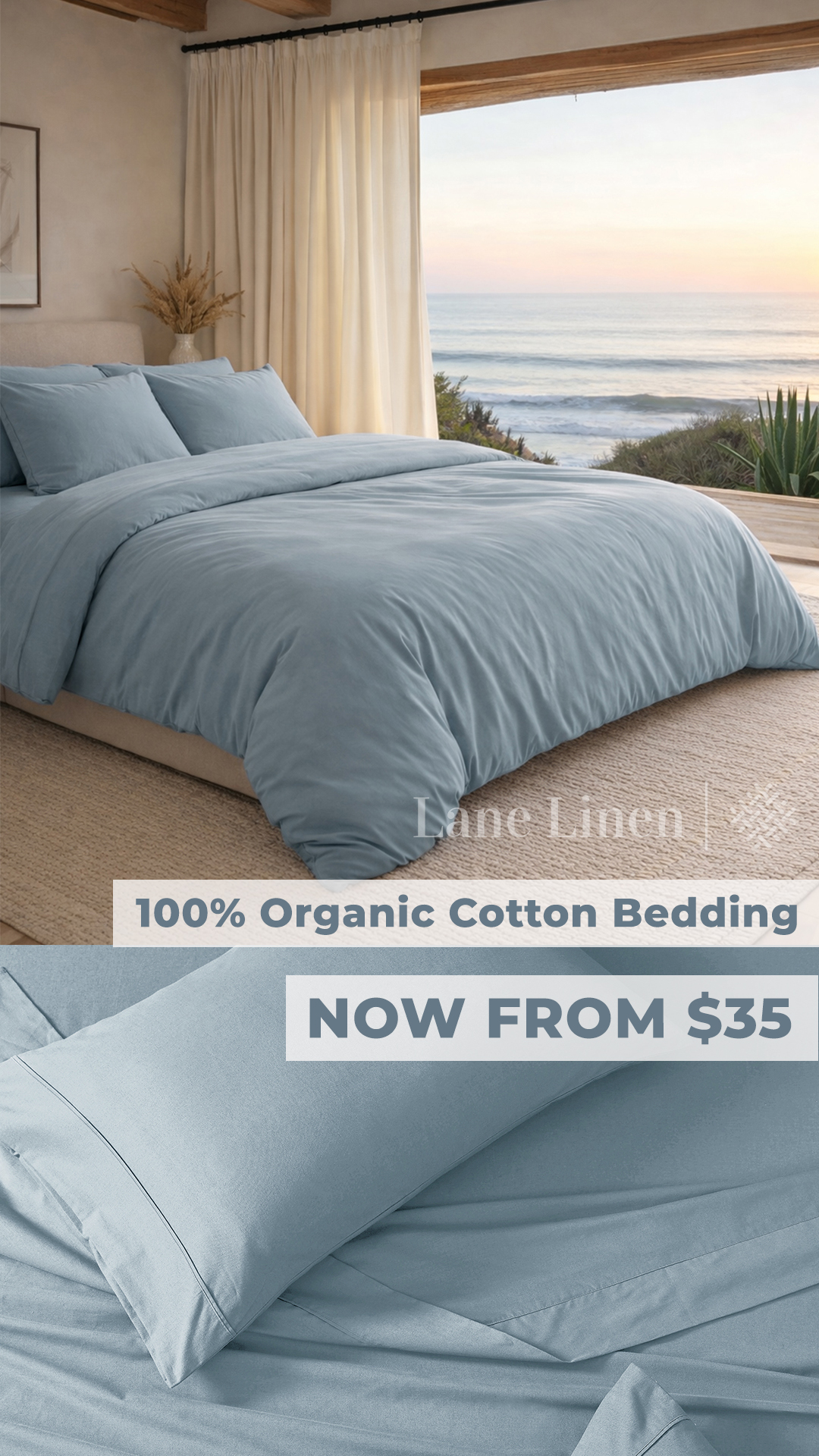 Lane Linen Facebook ad: From $35 | 100% Organic Cotton Sheets & Quilt Covers