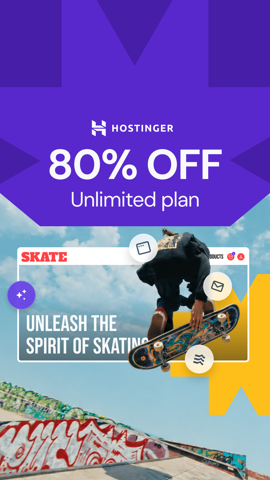 Hostinger Facebook ad: Get 80% off 48-month Unlimited plans