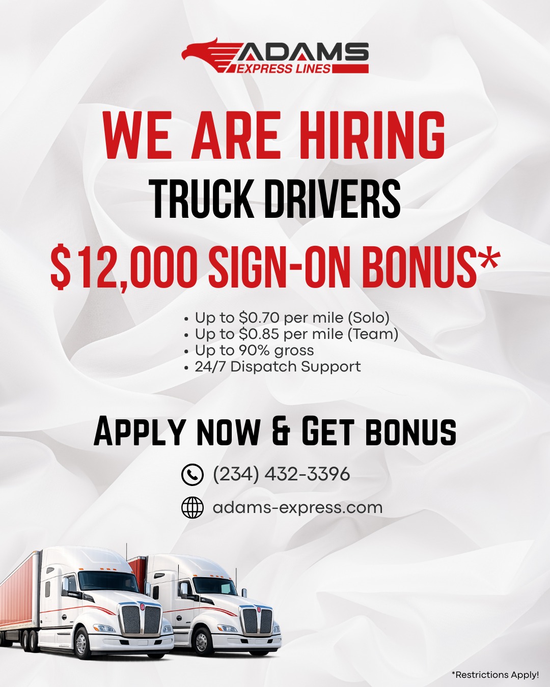 Adams Express Lines LLC Facebook ad: Hiring Experienced Truck Drivers - $12,000 SIGN-ON Bonus