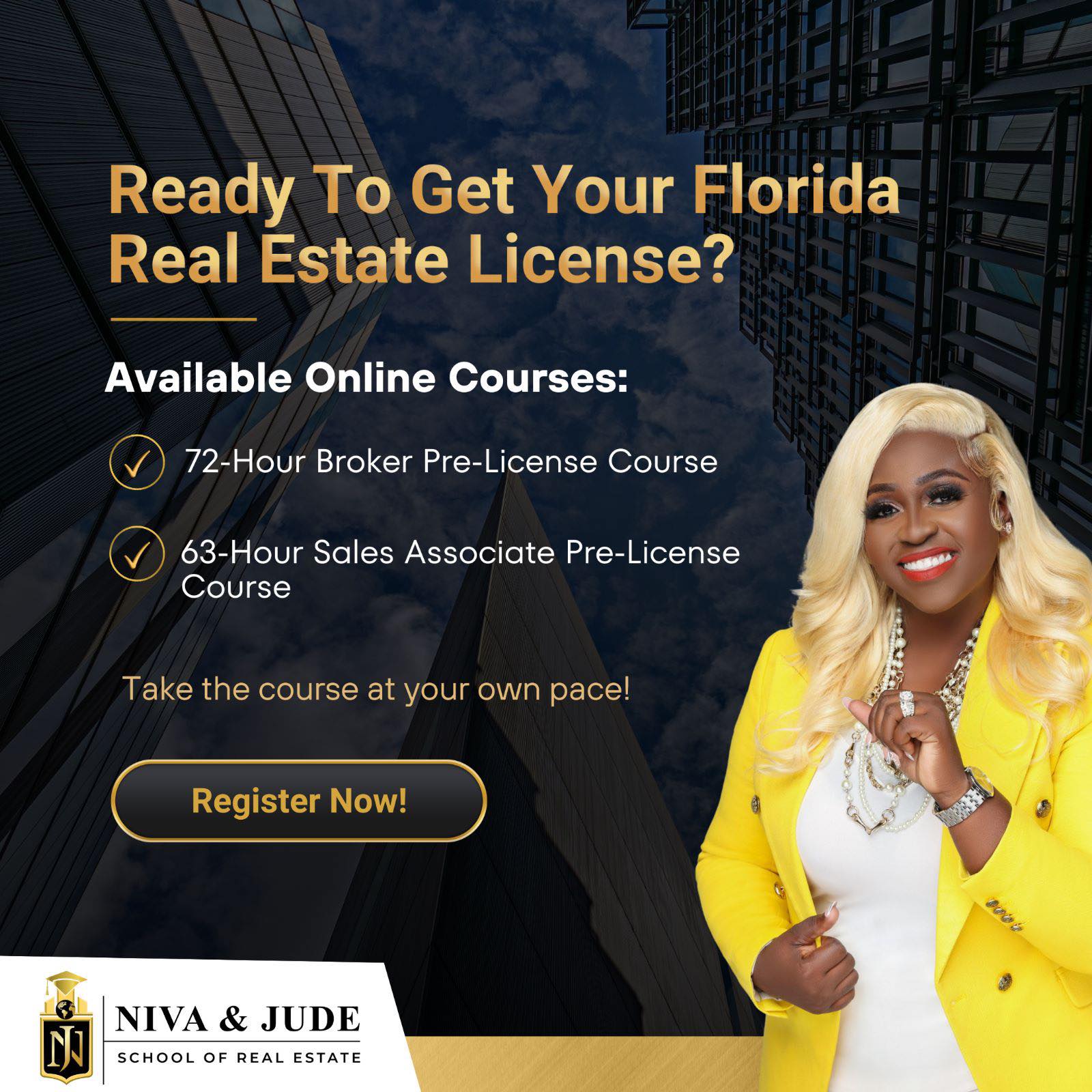 Niva & Jude School of Real Estate Facebook ad: Florida's Leader in Online Real Estate Education.