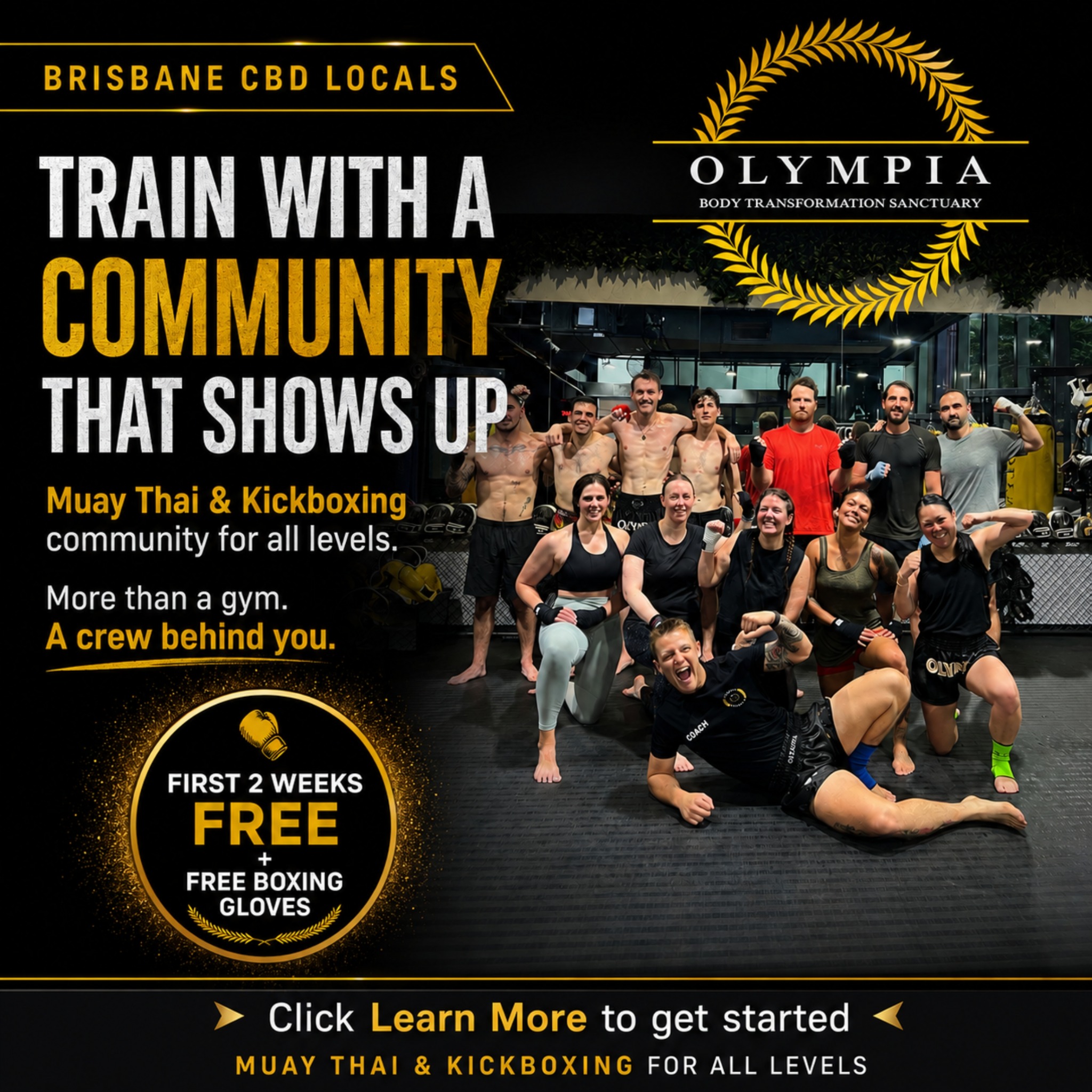 Olympia Transformations - Brisbane CBD Facebook ad: Train Free For 7 Days - Muay Thai Brisbane CBD.