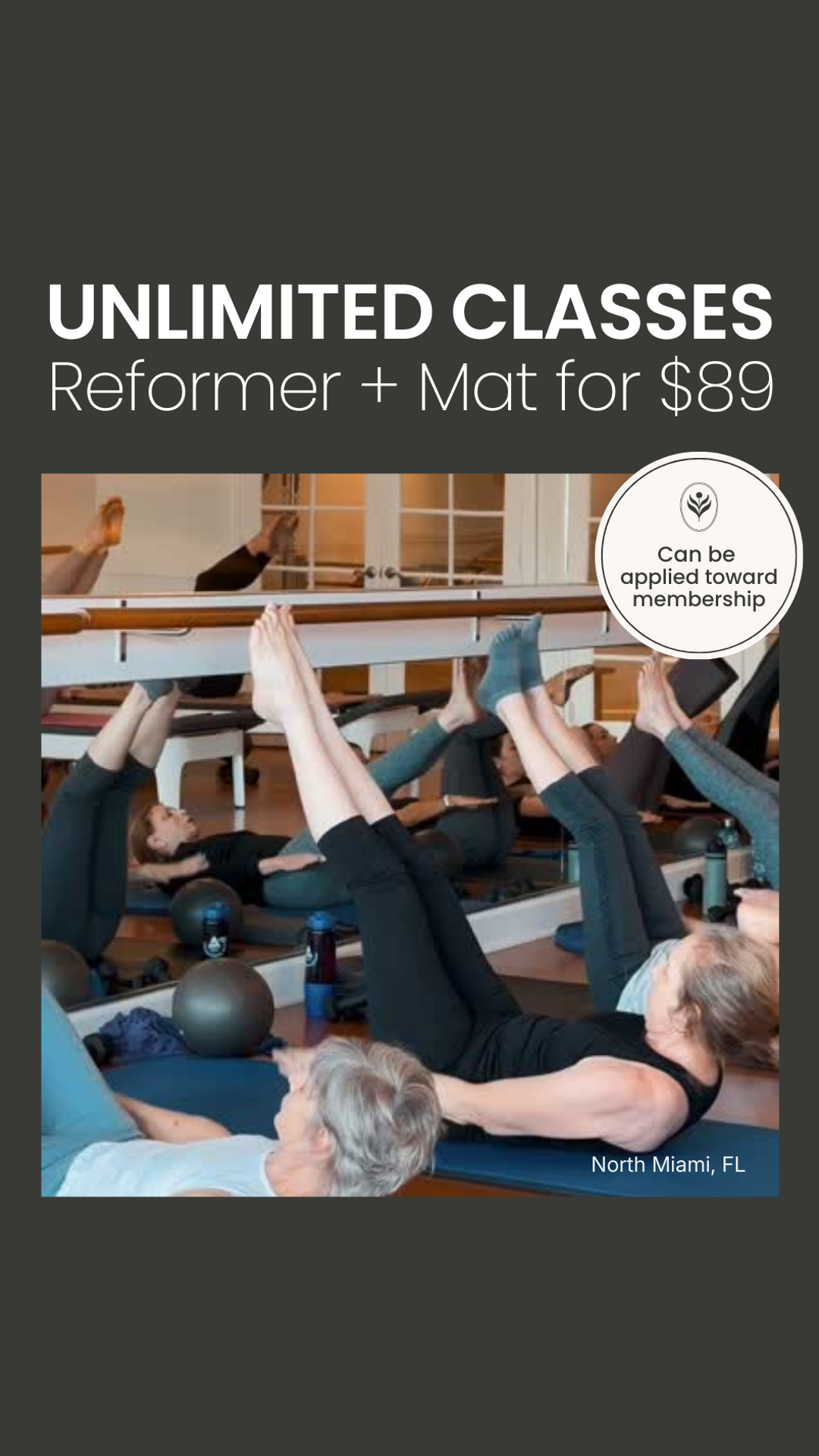Inner Balance Studio Facebook ad: Reformer + Mat | North Miami | 2 Weeks for $89