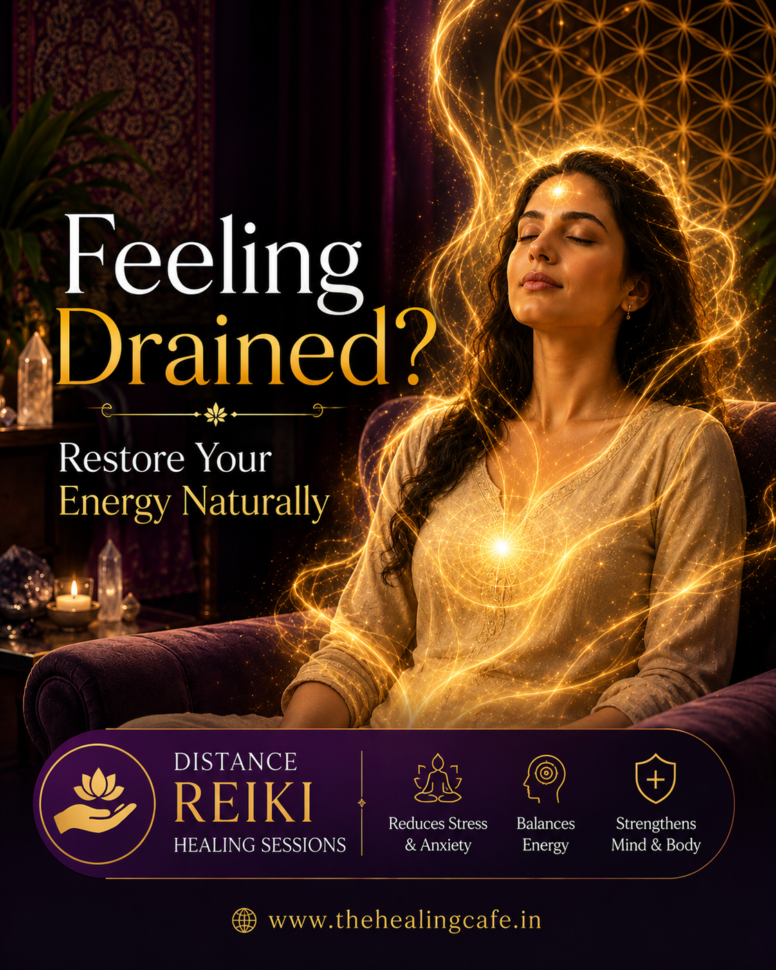 The Healing Cafe Facebook ad: Experience Distance Reiki from the comfort of your…