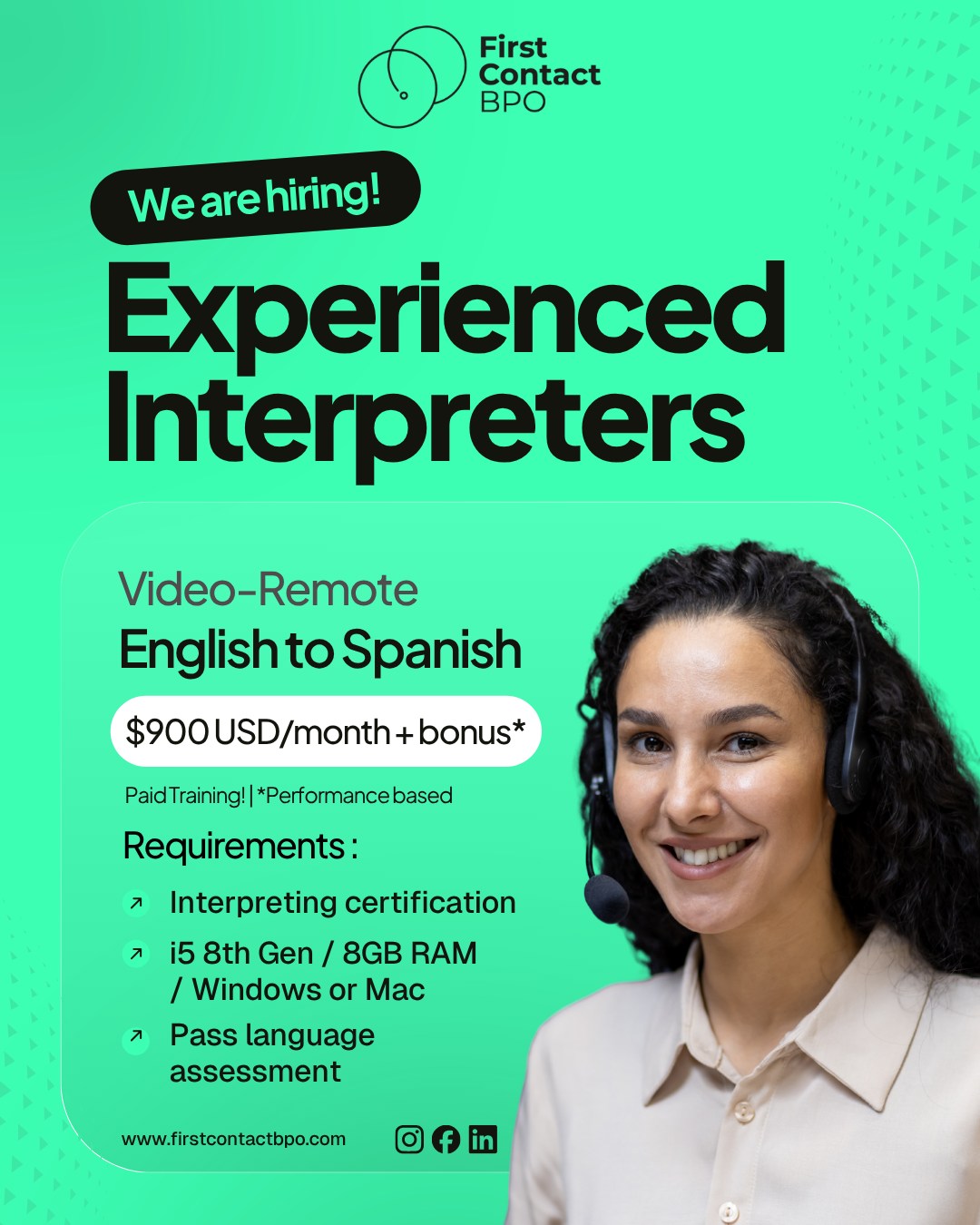 First Contact BPO Facebook ad: We’re hiring Experienced Spanish Interpreters!